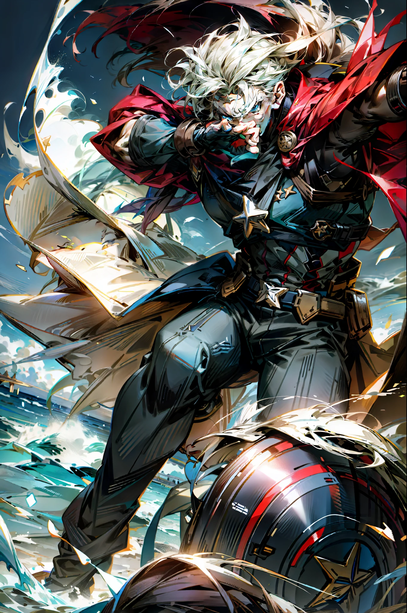CAPTAIN AMERICA ON THE WAVE OF THE BEACH, WITH BEAUTIFUL CLOUDS AS A BACKDROP, super detailed, professional photography, high quality, masterpiece, FACE FACING LOOKING AT THE CAMERA, DYNAMIC AND EXPRESSIVE POSE