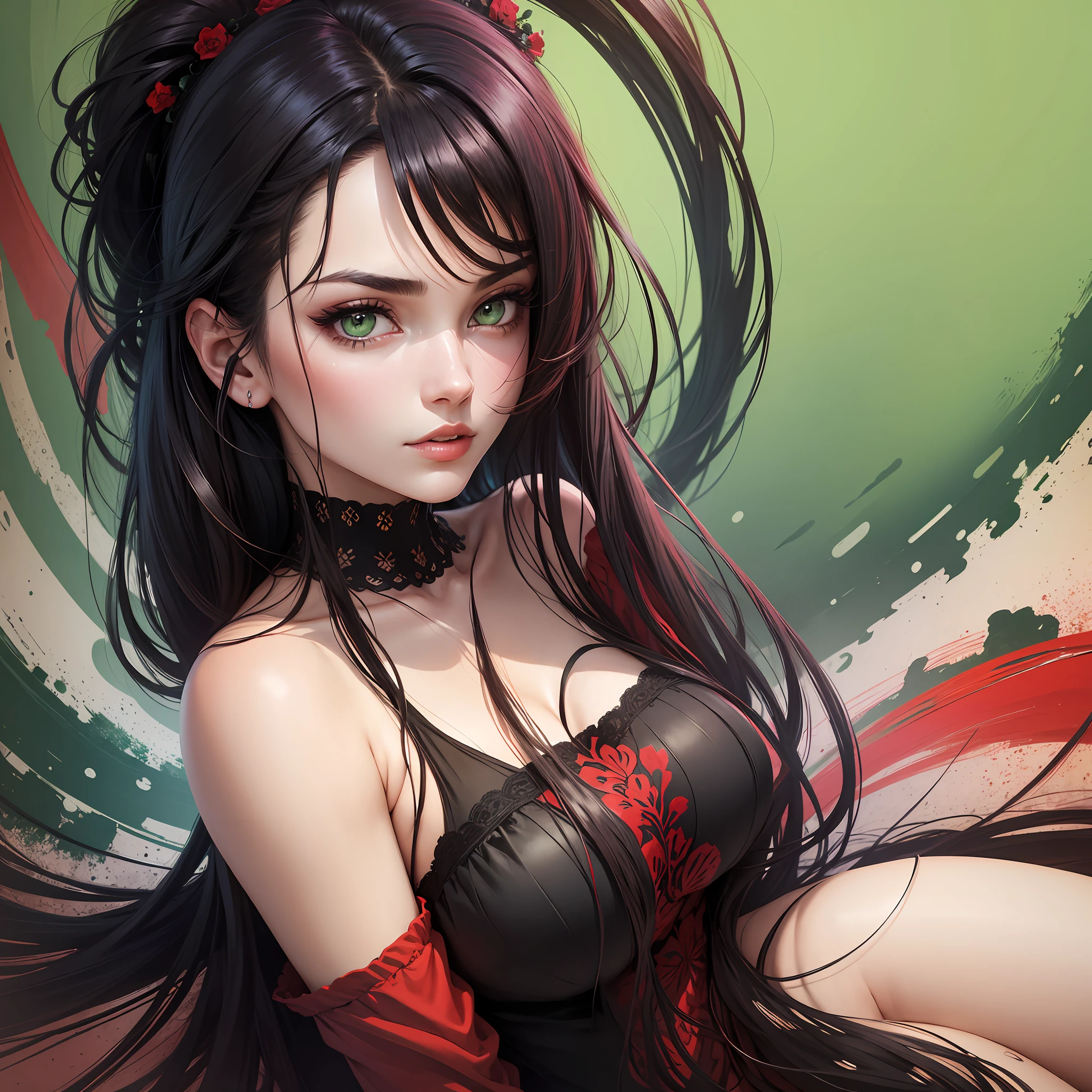 Portrait of a beautiful woman with dark red black hair and green eyes --auto --s2