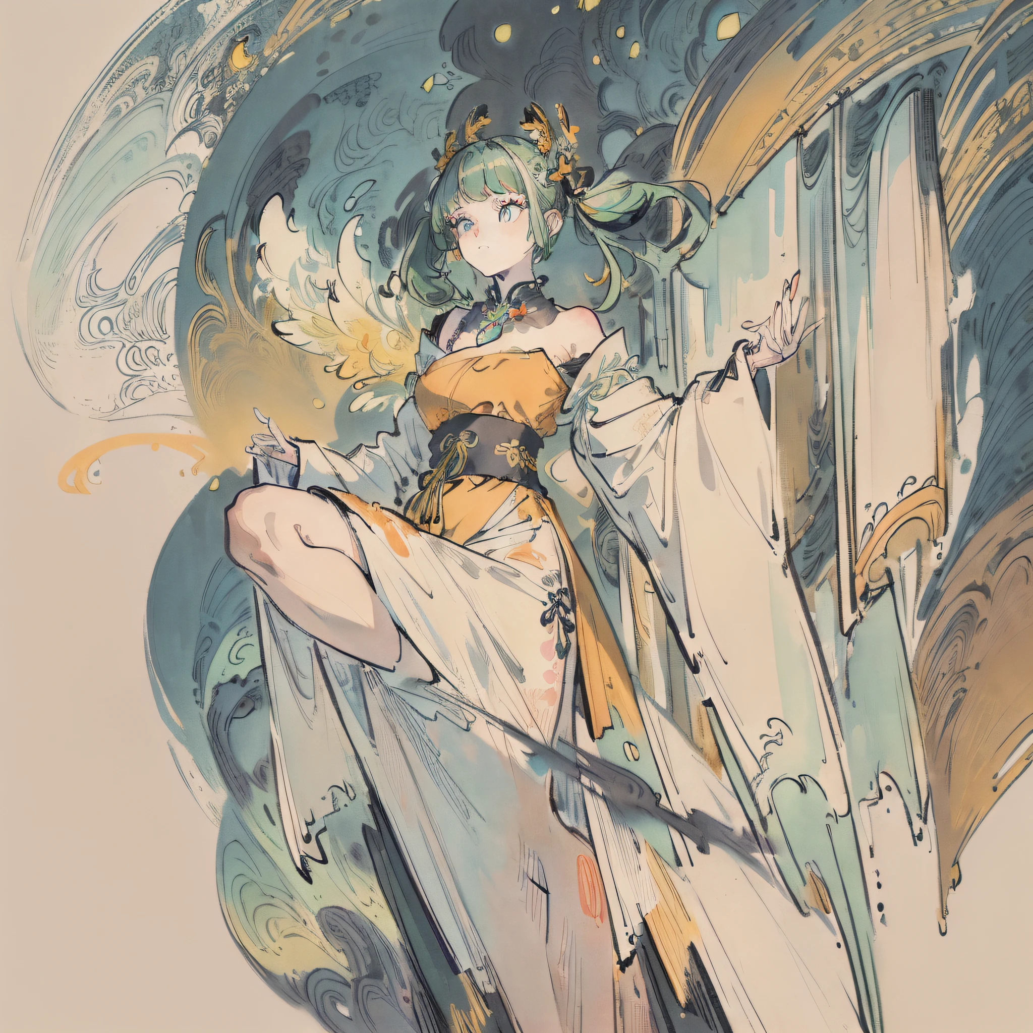 (masterpiece, top quality, best quality, official art, beautiful and aesthetic:1.2),
extremely detailed,fractal art,colorful,highest detailed,zentangle,(abstract background:1.5)
(1gril:1.3), (birds),green hair, bright orange eyes, pigtails, large hair, black robe, yellow dress wtih a white ribbon at the waist, white necklace, yellow shoes