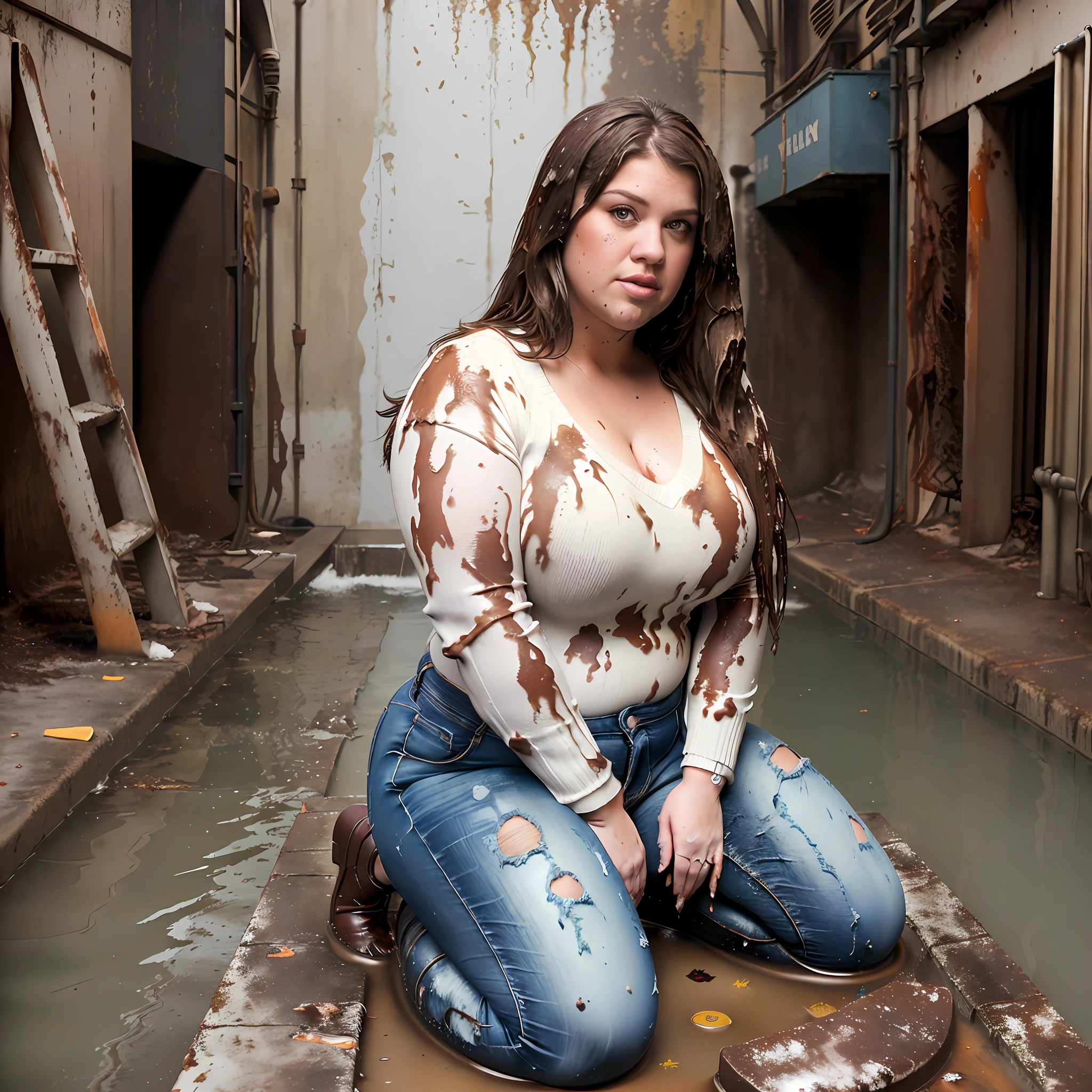 ((Overweight)) ((chubby)), Kelly Clarkson, small breasts, long brown hair, wearing dark jeans, white v neck sweater, black ankle boots, subject kneeling in sewerage water ((messy clothes:1.2)) (((full body shot))) (((full length))) (((view side on))) (masterpiece) ((cinematic look))