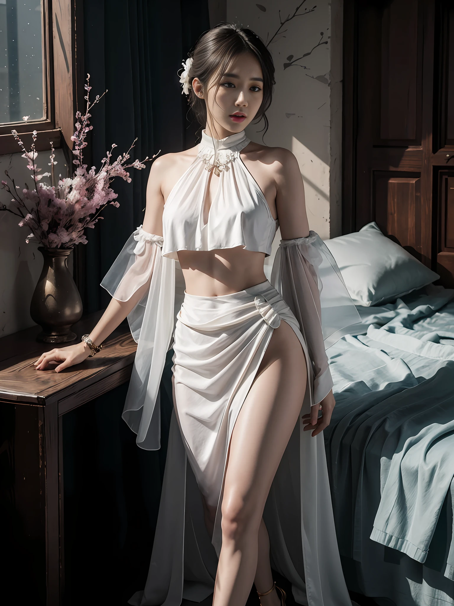 Yoon-jung Ko wearing a white crop top with ultra-realistic realistic textures dramatic lighting Unreal Engine Pop on ArtStation, award-winning photo, Nikon RAW photo, 8k, Fujifilm XT3, masterpiece, best quality, realistic, realistic, ultra-detailed, extremely detailed face, solo, 1girl, standing, stylish and stylish atmosphere, walk-in wardrobe, designer clothing and accessories, high-end makeup products, and stylish expressions on her face,