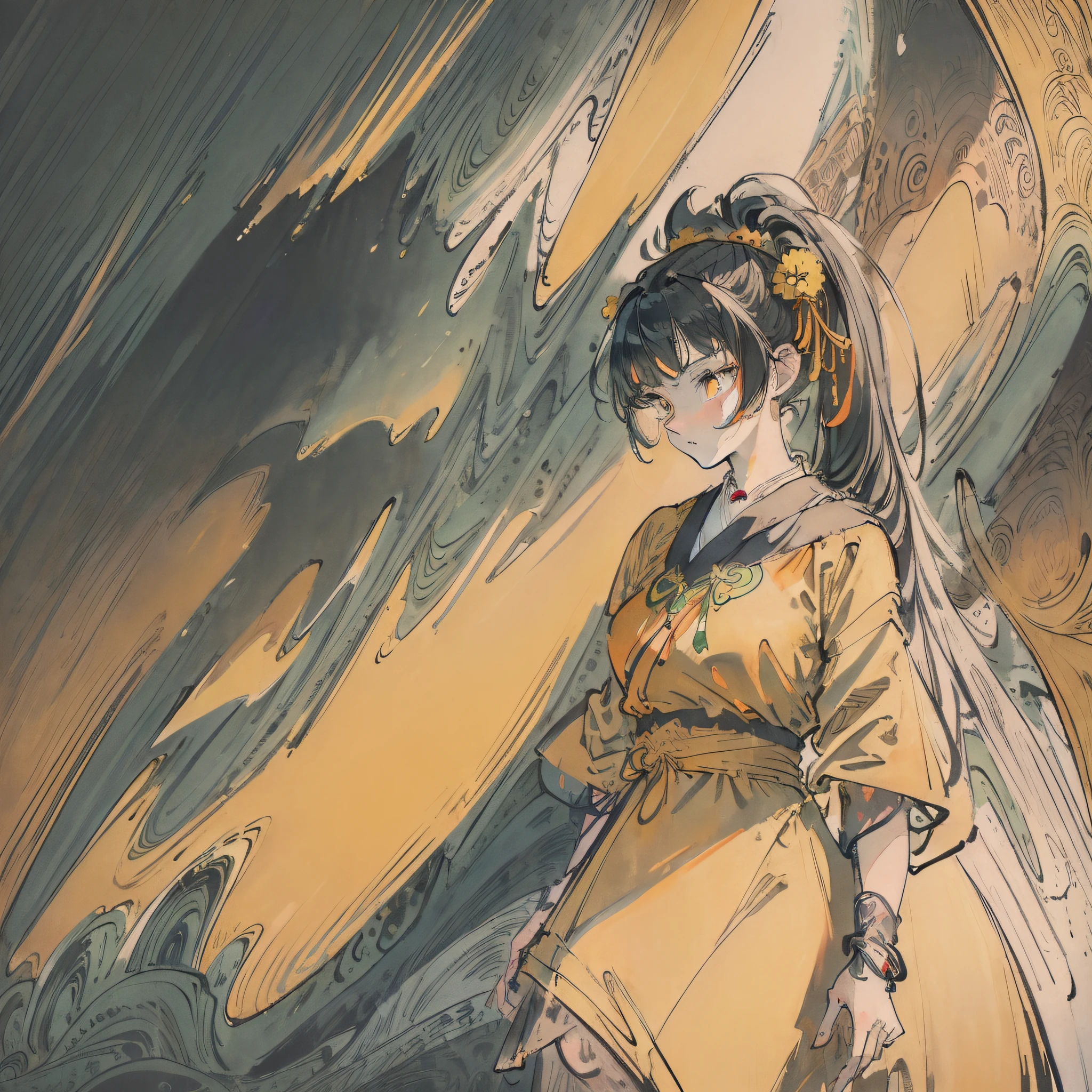 (masterpiece, top quality, best quality, official art, beautiful and aesthetic:1.2), 
extremely detailed,fractal art,colorful,highest detailed,zentangle,(abstract background:1.5)
(1gril:1.3), (birds),green hair, bright orange eyes, pigtails, large hair, black robe, yellow dress wtih a white ribbon at the waist, white necklace, yellow shoes
