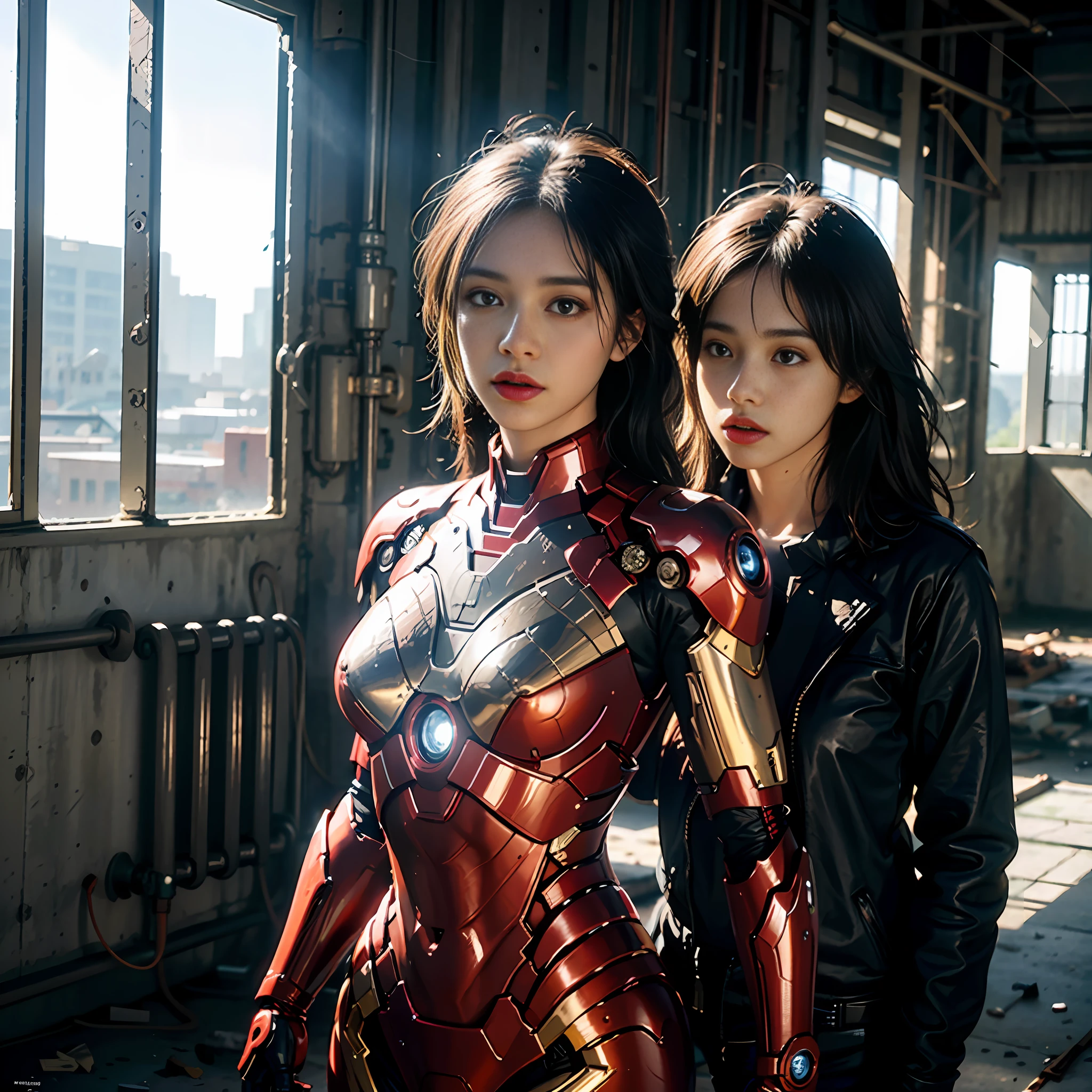 8k, realistic, attractive, highly detailed, a 20 year old girl a sexy and attractive woman inspired by Iron Man wearing a shiny Iron Man mech. She dresses with sexiness and confidence, perfectly interpreting Iron Man's strength and charisma. The abandoned warehouse serves as a backdrop, creating a unique atmosphere that highlights her bravery and perseverance. The cloudy sky adds a sense of tension and mystery to the whole scene. This high-definition, high-quality picture will bring you a shocking visual experience. The detailed abandoned warehouse and shiny mechs will keep your eyes on you. oc rendering, dramatic lighting, award winning quality