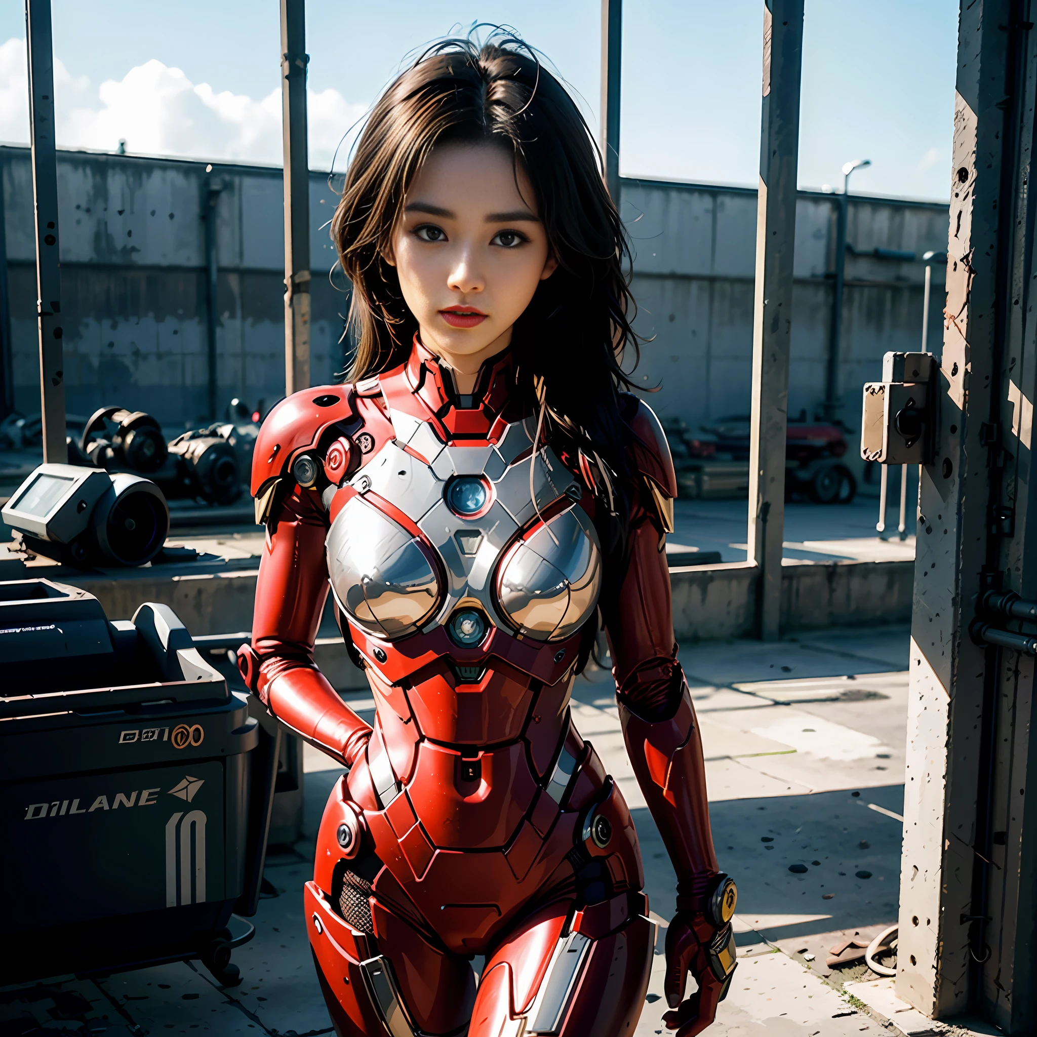 8k, realistic, attractive, highly detailed, a 20 year old girl a sexy and attractive woman inspired by Iron Man wearing a shiny Iron Man mech. She dresses with sexiness and confidence, perfectly interpreting Iron Man's strength and charisma. The abandoned warehouse serves as a backdrop, creating a unique atmosphere that highlights her bravery and perseverance. The cloudy sky adds a sense of tension and mystery to the whole scene. This high-definition, high-quality picture will bring you a shocking visual experience. The detailed abandoned warehouse and shiny mechs will keep your eyes on you. oc rendering, dramatic lighting, award winning quality