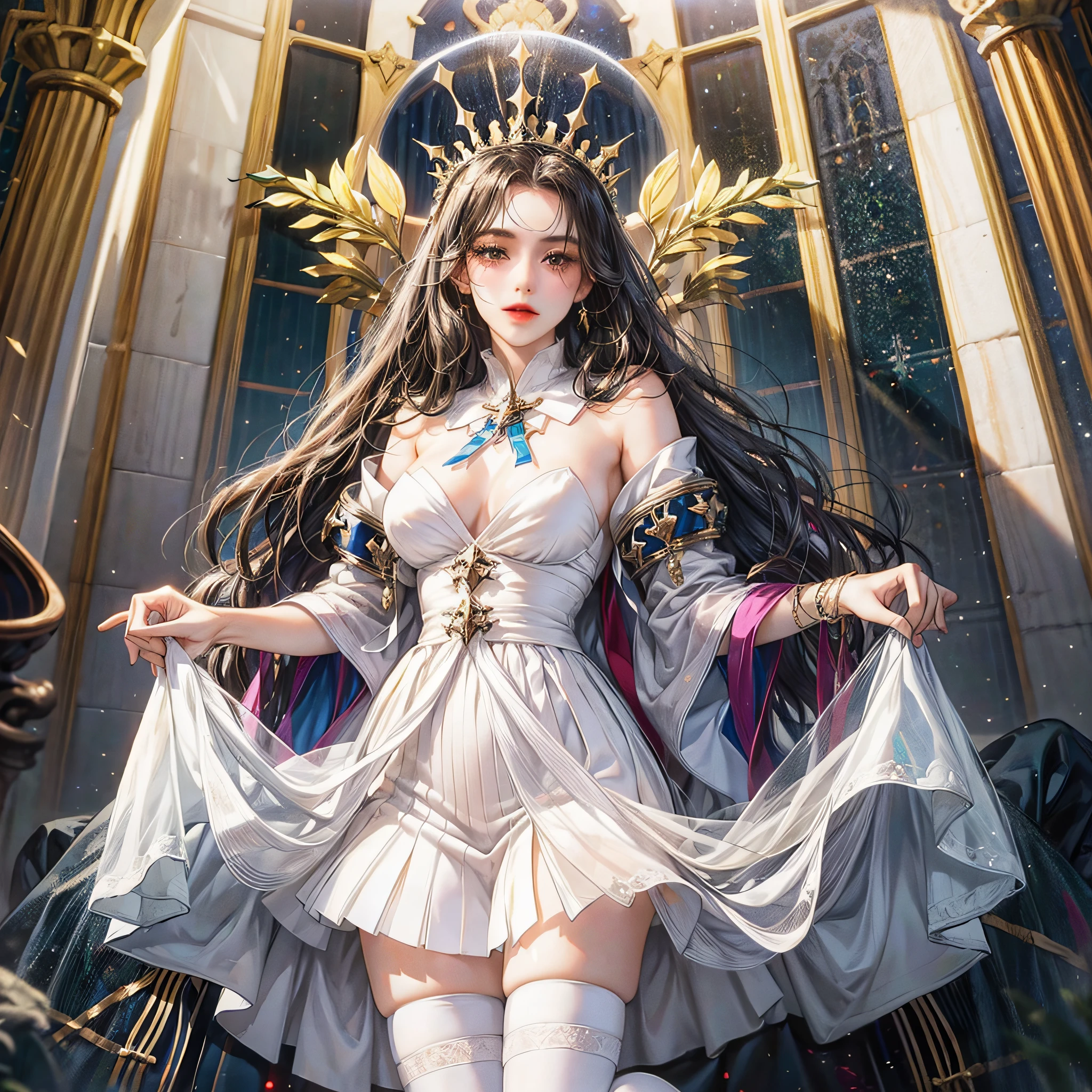 1girl,dress, thighhighs, full body, DressofHeaven, HolyGrail Clothing, white dress, white thighhigh,, breasts, nsfw, skirt lift , --auto --s2