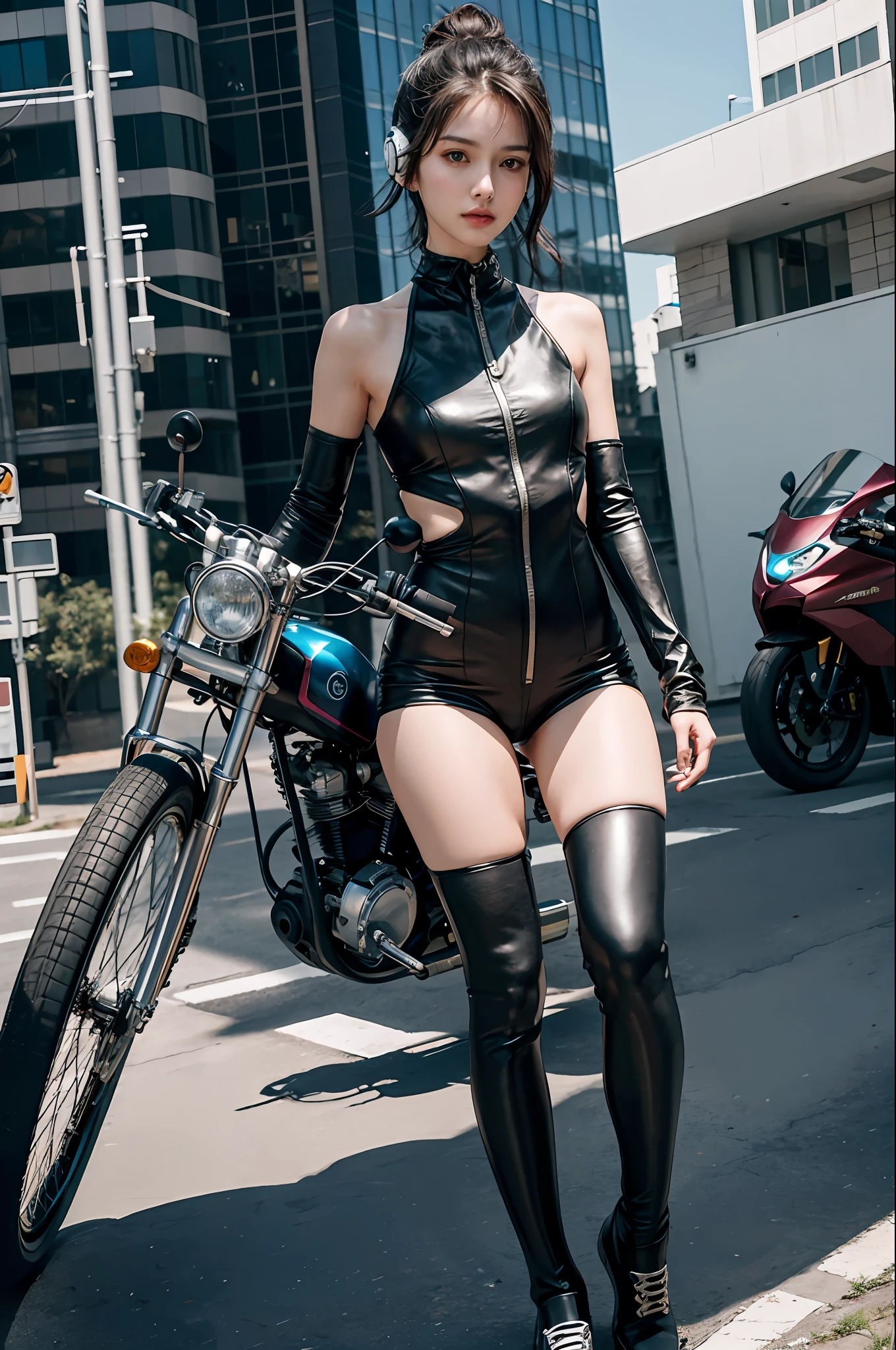 Top quality, delicate face, ((full body)), 30-year-old woman, slim body, metal body, special equipment, private flying bike, suburban SC, (((outdoor)), weightless attitude, mid-air, small bust, cyberpunk, sci-fi, scouter