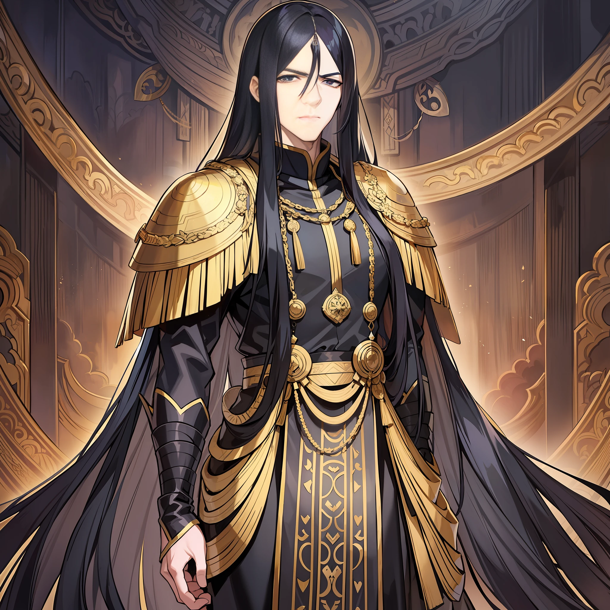 An emperor with long black hair and ancient costume.
His posture sits tall, and his temperament is arrogant and cold. Long black hair casually hung down on his shoulders, his eyes were cold and proud, and his entire face was shrouded in a layer of mystery. The costumes on his body are gorgeous, but they highlight his mystery and cruelty.