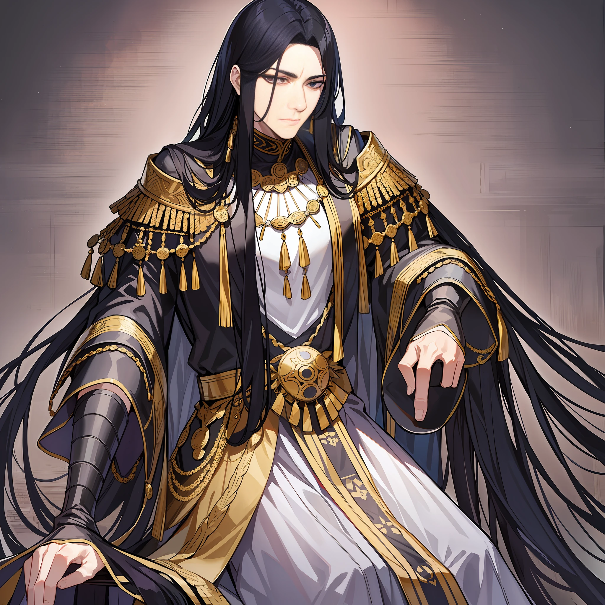 An emperor with long black hair and ancient costume.
His posture sits tall, and his temperament is arrogant and cold. Long black hair casually hung down on his shoulders, his eyes were cold and proud, and his entire face was shrouded in a layer of mystery. The costumes on his body are gorgeous, but they highlight his mystery and cruelty.