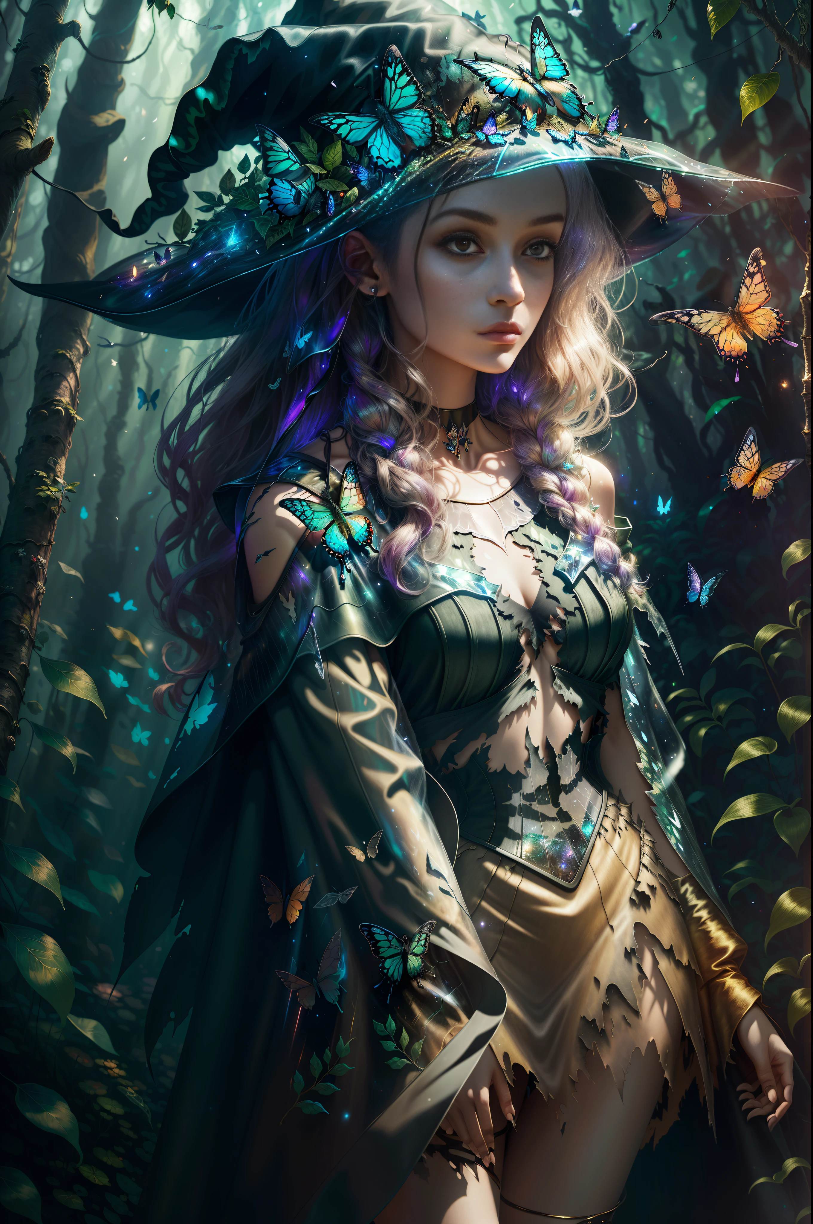 full body photo of the most beautiful artwork in the world, illustration, cinematic light, fantasy, high resolution, high quality, ultra detailed, best quality, masterpiece, (detailed face), woman wears a shirt and full body (torn) (transparent galaxy) cloth coat, floating cloth, choker, bright forest plants (oldest underworld fantasy) with neon details, open shoulders,  small shiny butterfly, hair jewelry, wearing a torn witch hat, (focus on body: 1.25), night, small mutant animals in the background, torn miniskirt, a potion on the hip, shoulder pads emitting magical energy, cameltoe, dark, light reflection