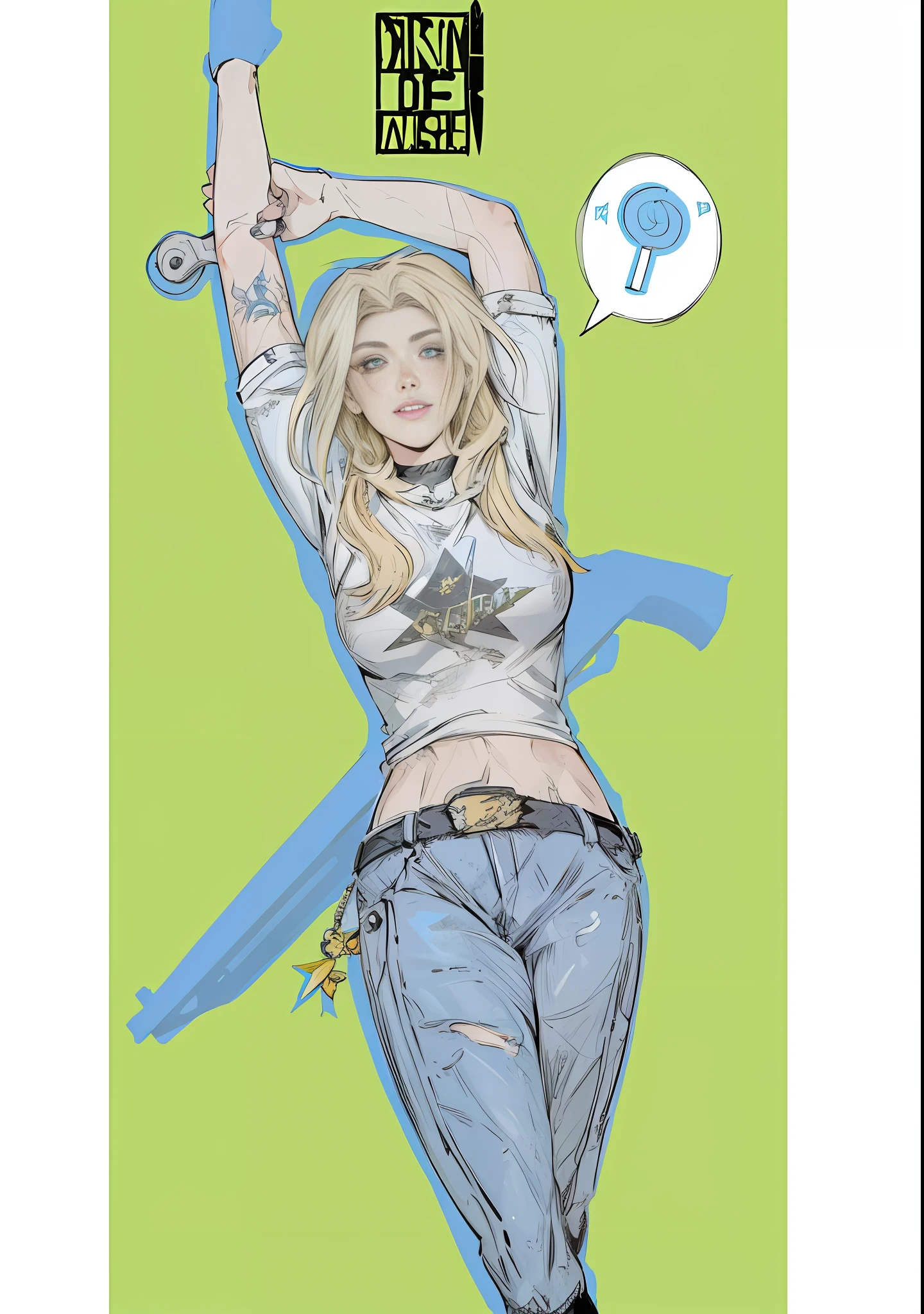 a close up of a anime girl with a skateboard on a green background, android 18, art in the style of terry moore, colored screentone, rukis. comic book style, digitally colored, black canary, high quality colored sketch, inked and colored, colored sketch, inspired by Ceri Richards, 90s comic book character design, full color illustration, background of city, landscape of a big city