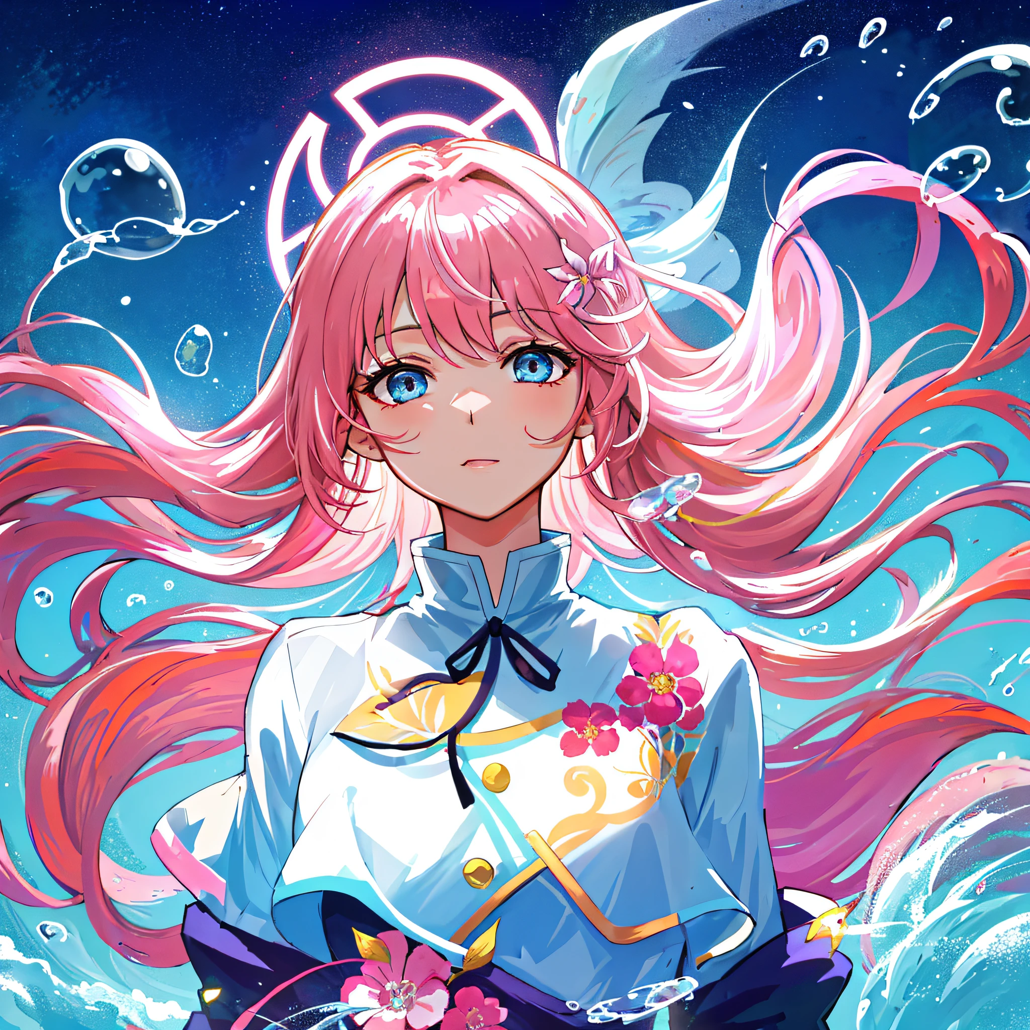 (masterpiece), (best quality), (ultra detailed),(disheed hair),(illustration), (1girl), (Fashionable clothing), standing, Fashion model, looking at viewer, (interview), (simple background), beautiful and delicate eyes, delicate beauty, floating, (high saturation), (colorful splash), colorful bubbles, (shine), focus on face, ponytail, Ayaka Kamisato, pink hair, bangs, hair circle, floating flowers, flowing hair, (shiny), best lighting, best shadow, blue eyes