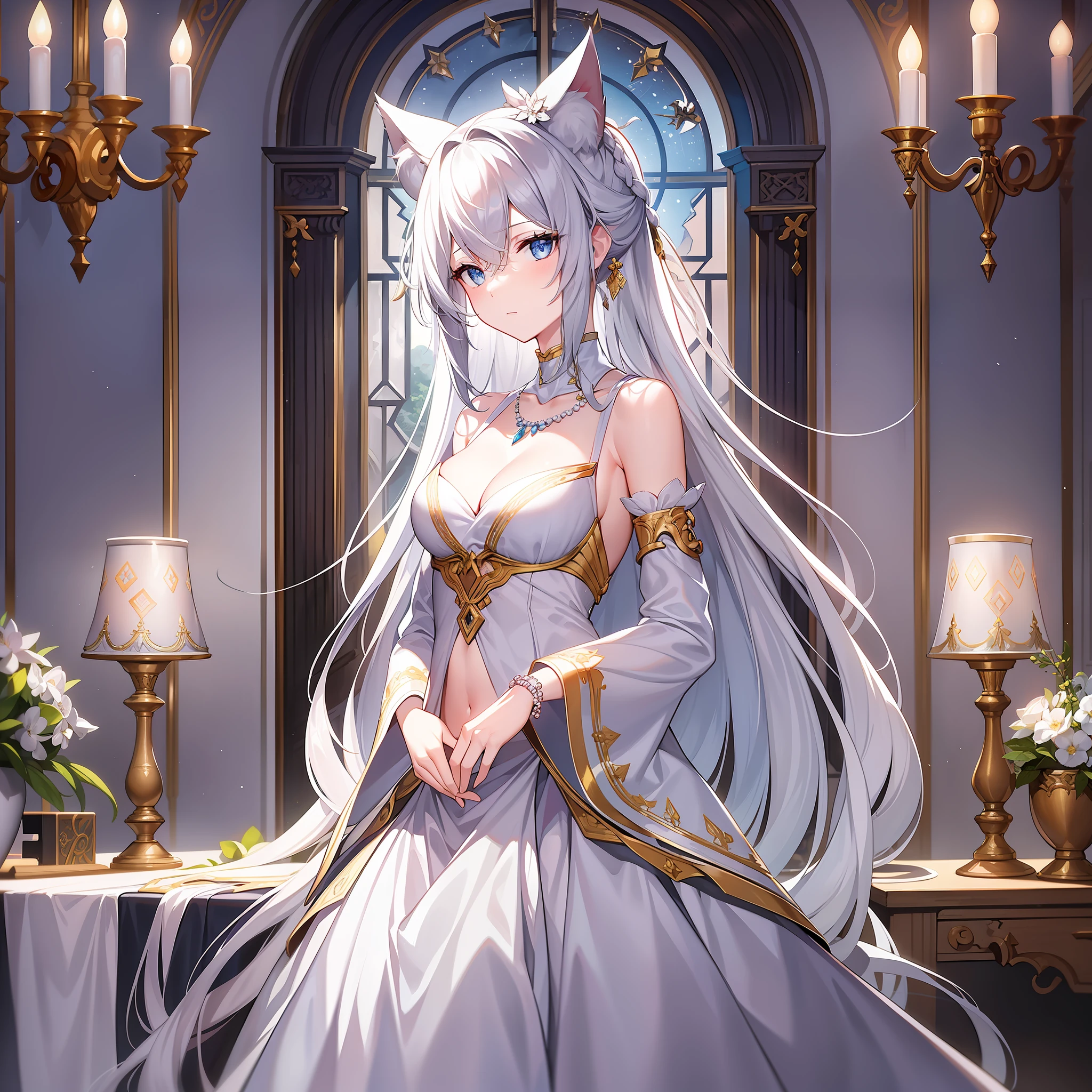Character expressions: noble and cold demeanor, with a slight hint of arrogance; The eyes are slender and the gaze is sharp and sharp, revealing a faint majesty.
Hairstyle and color: snow-white long hair and cat ears, split in two, tied into two bows, soft girl feeling; Several buns are irregularly combed on the top of the head, adding a bit of nobility and gorgeousness.
Clothing style and color: wearing a white satin long skirt, hanging to the ground, the skirt is embroidered with flowing moire, very fairy; The upper body is wearing a white waist suspender, slightly revealing the collarbone and navel, which adds a bit of mystery to the haze.
Accessories on the figure: wearing a silver necklace inlaid with a white moon-shaped bead shining with a clear light; A white bracelet is worn on the wrist, and the bracelet is also inlaid with the same white beads.
Character posture: hands folded in front, standing proudly, slightly raised head, solemn demeanor, showing the temperament of a female emperor.
The light of the environment: Moonlight shines through the window, making her white clothes more crystal clear.
Atmosphere: mysterious and solemn.
Features: Surrounded by exquisite antique furniture, decorated with white satin and silver ornaments, it is like a wonderland on earth.
Ambient time: late at night, quiet and mysterious.