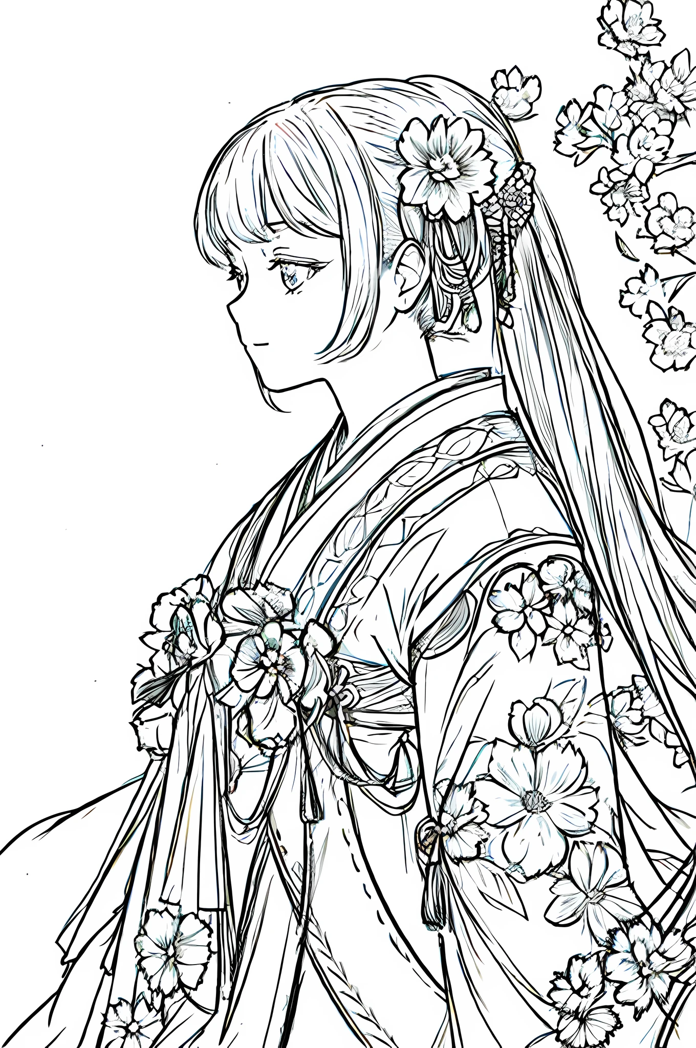 masterpiece, acura, 1girl, solo, hanfu, long hair, profile close-up, flower line drawing background, white background, monochrome, line drawing, ((sketch))