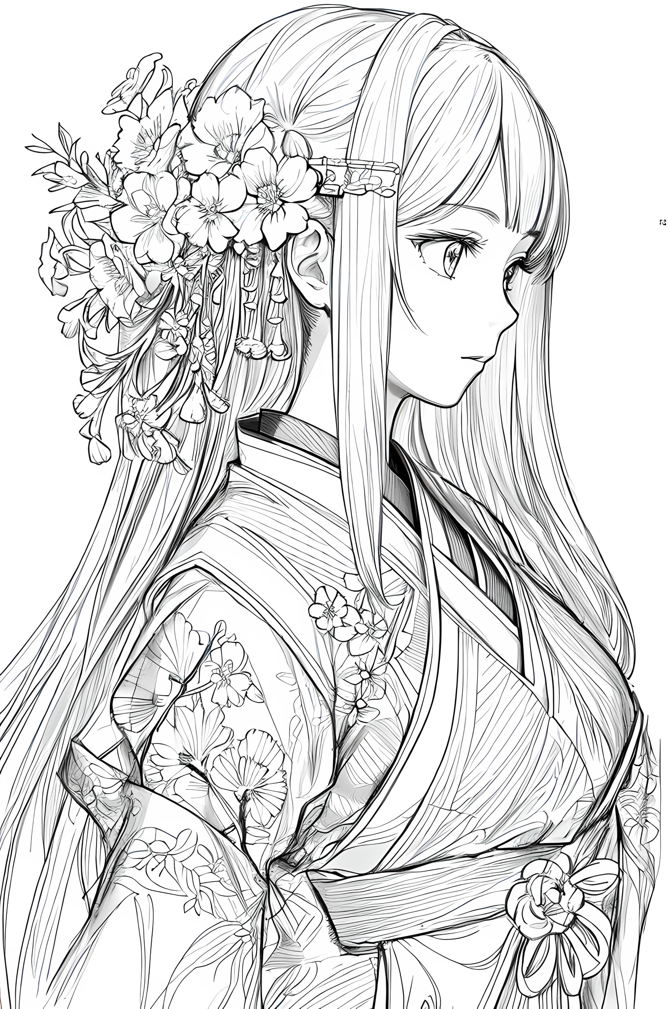 masterpiece, acura, 1girl, solo, hanfu, long hair, profile close-up, flower line drawing background, white background, monochrome, line drawing, ((sketch))