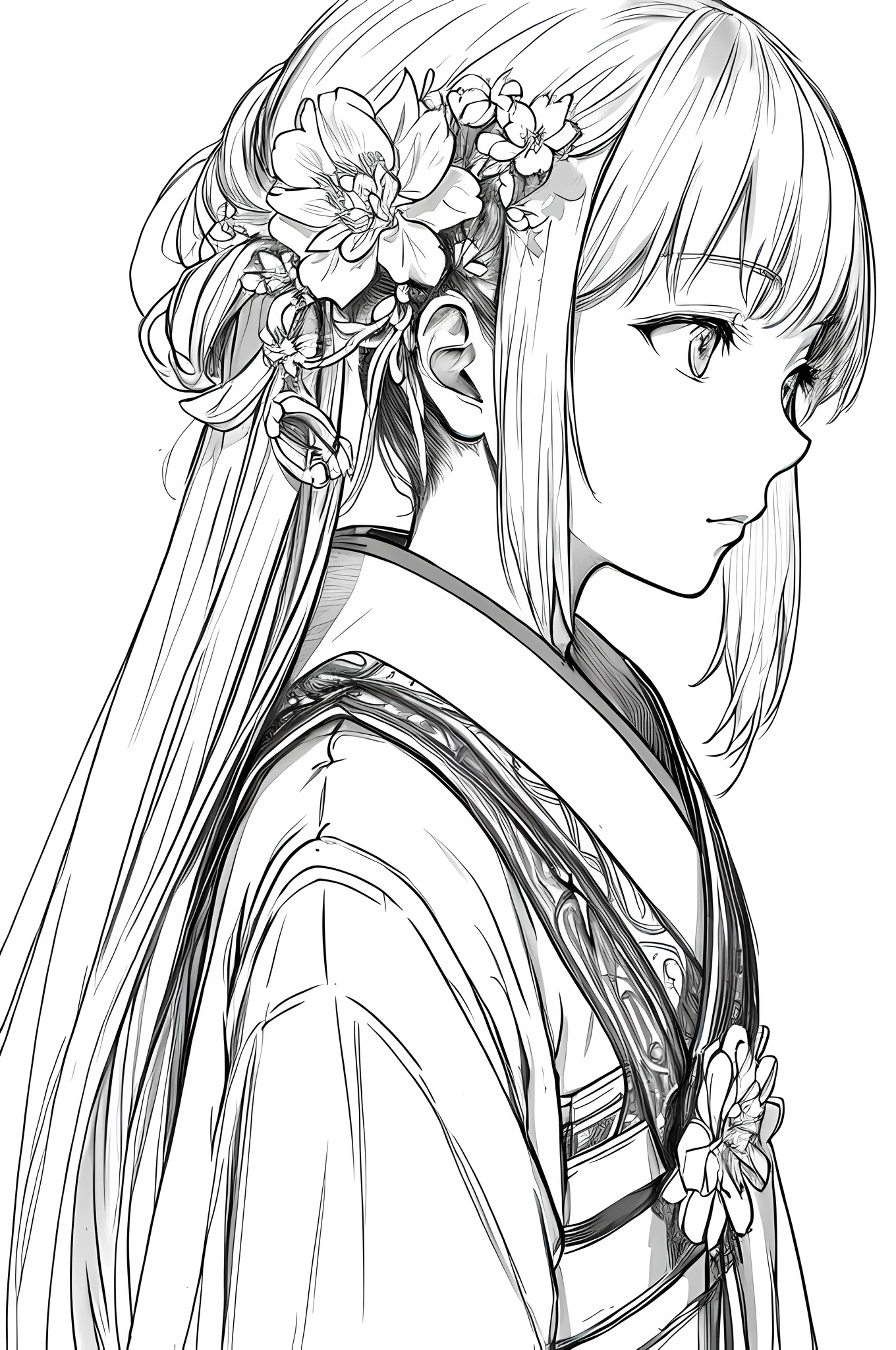 masterpiece, acura, 1girl, solo, hanfu, long hair, profile close-up, flower line drawing background, white background, monochrome, line drawing, ((sketch))