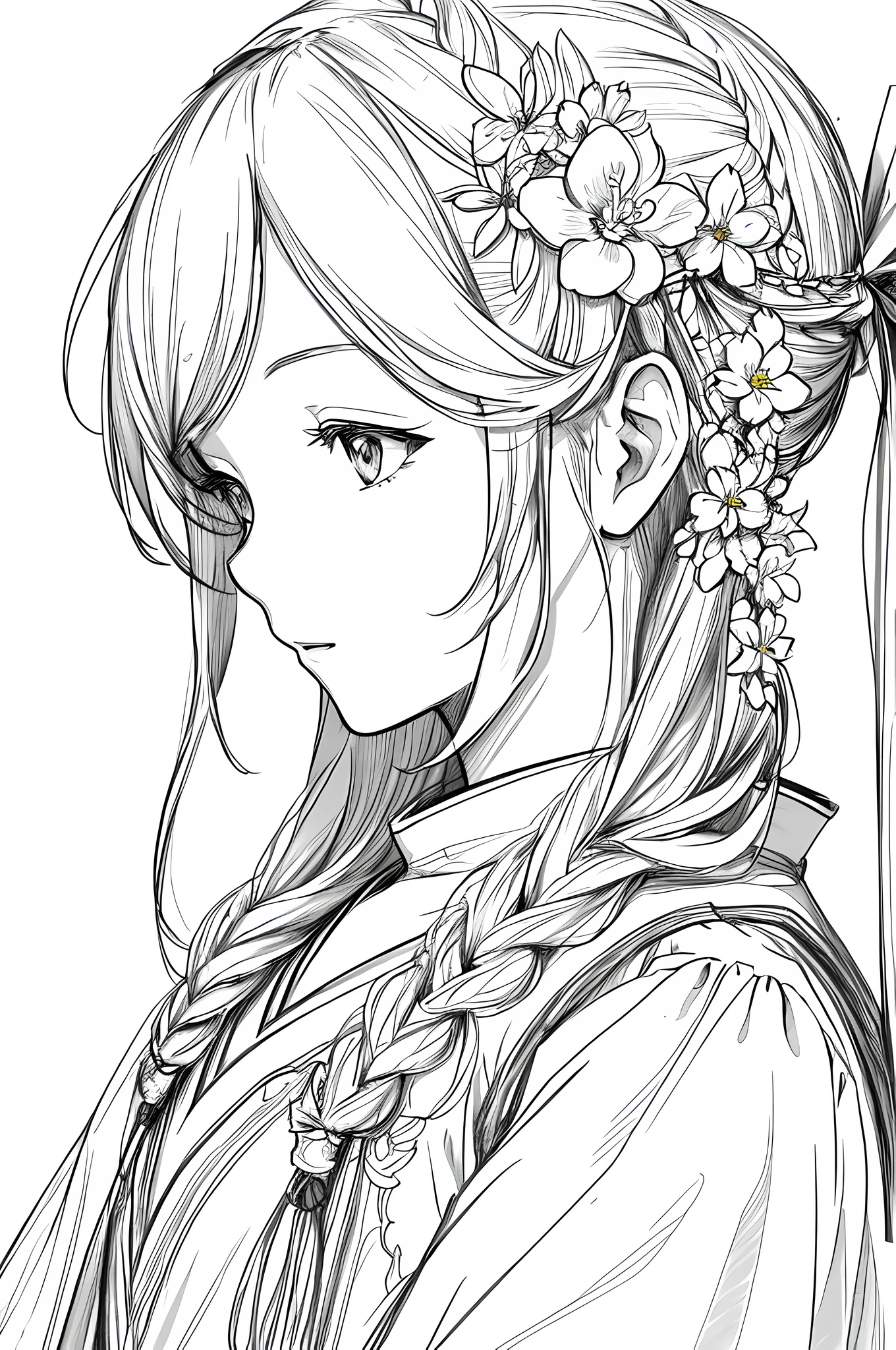 masterpiece, acura, 1girl, solo, hanfu, long hair, profile close-up, flower line drawing background, white background, monochrome, line drawing, ((sketch))