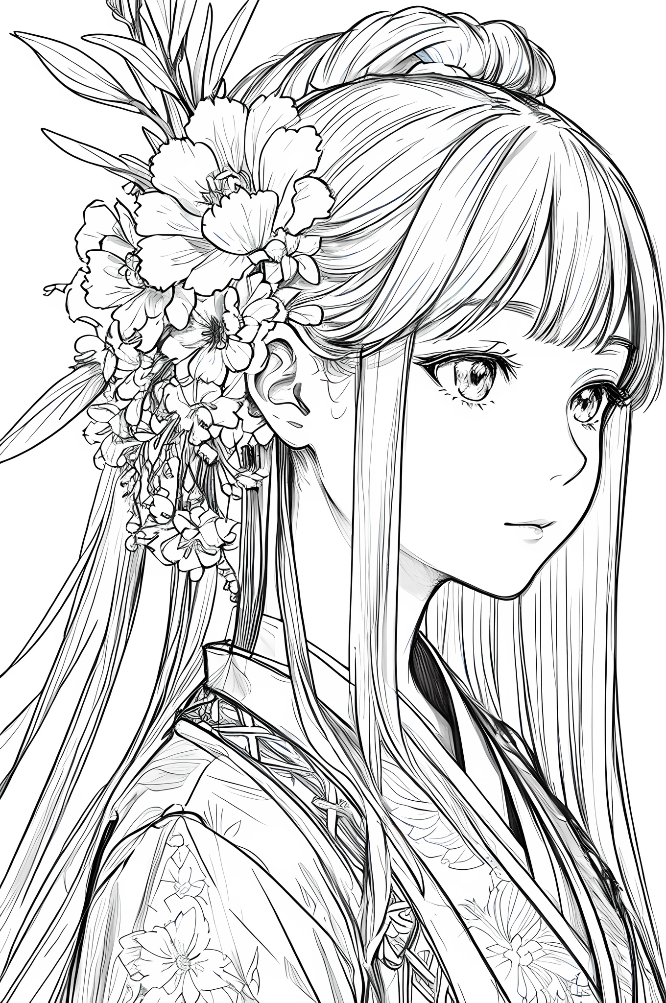 masterpiece, acura, 1girl, solo, hanfu, long hair, profile close-up, flower line drawing background, white background, monochrome, line drawing, ((sketch))
