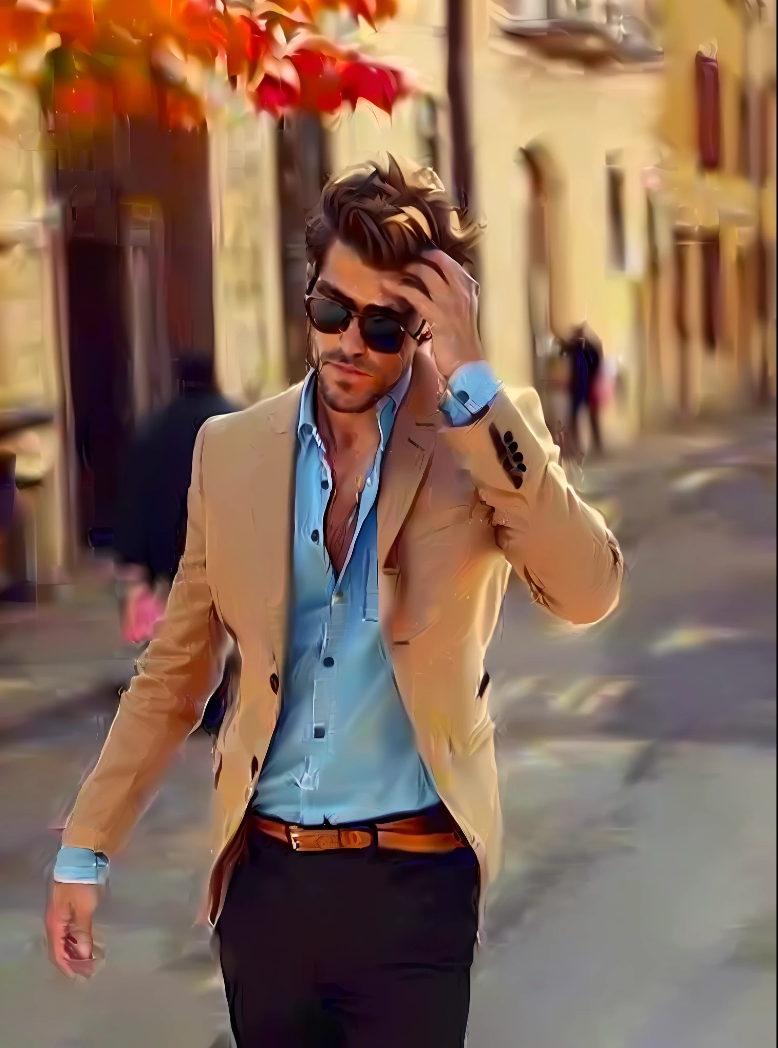 arafed man in a tan jacket and black pants walking down a street, men's fashion, style from greg rutkowski, smart casual, wearing a blazer, cool style, masculine appeal high fashion, detailed style, well dressed, fashion style, well - dressed, preppy style, brown jacket, style combination, with sunglasses, handsome and attractive, business attire