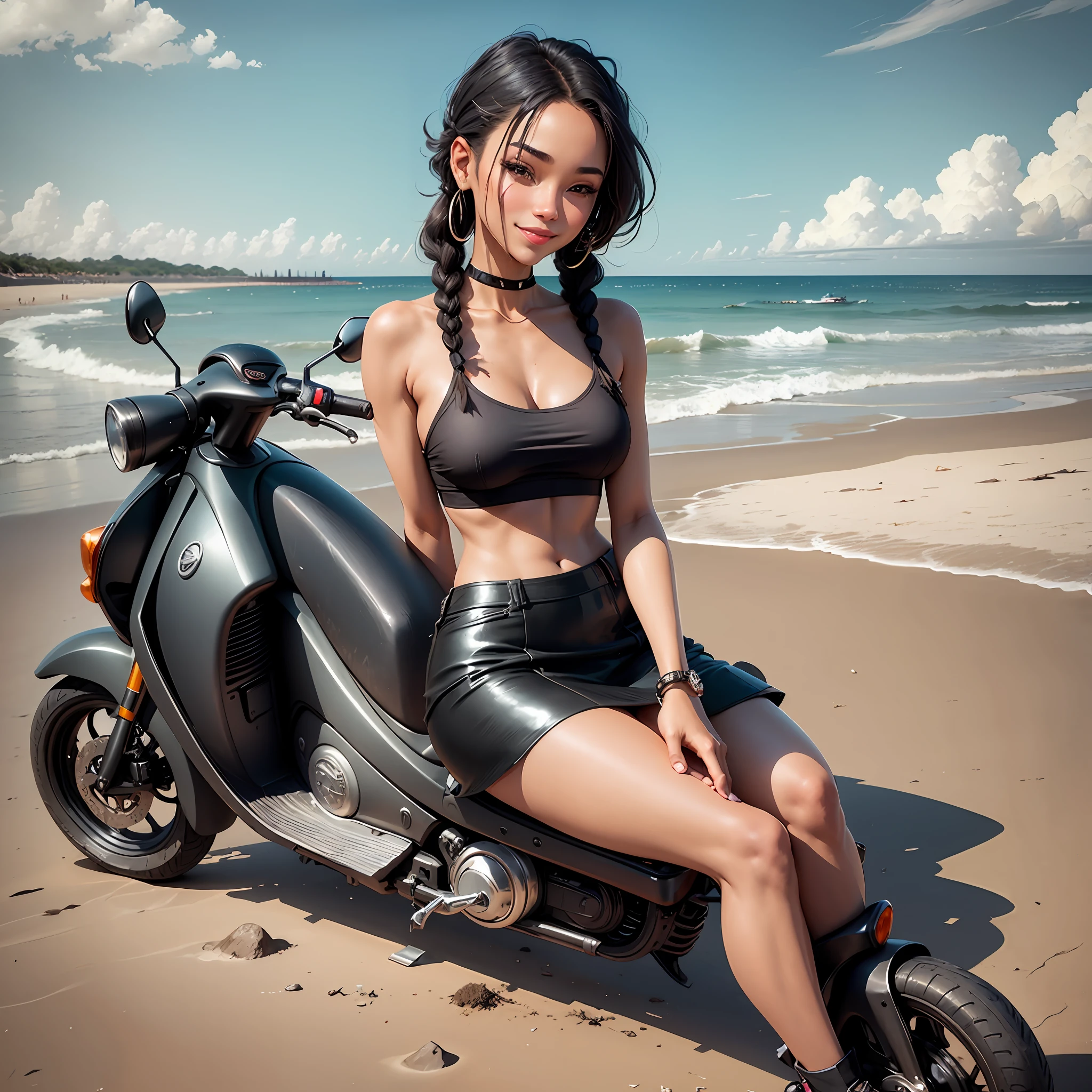 A gorgeous girl sits on a scooter on the beach. She wears her long black ones as two braids. She wears a black crop top and a knee-length skirt. She smiles seductively into the camera. --auto --s2