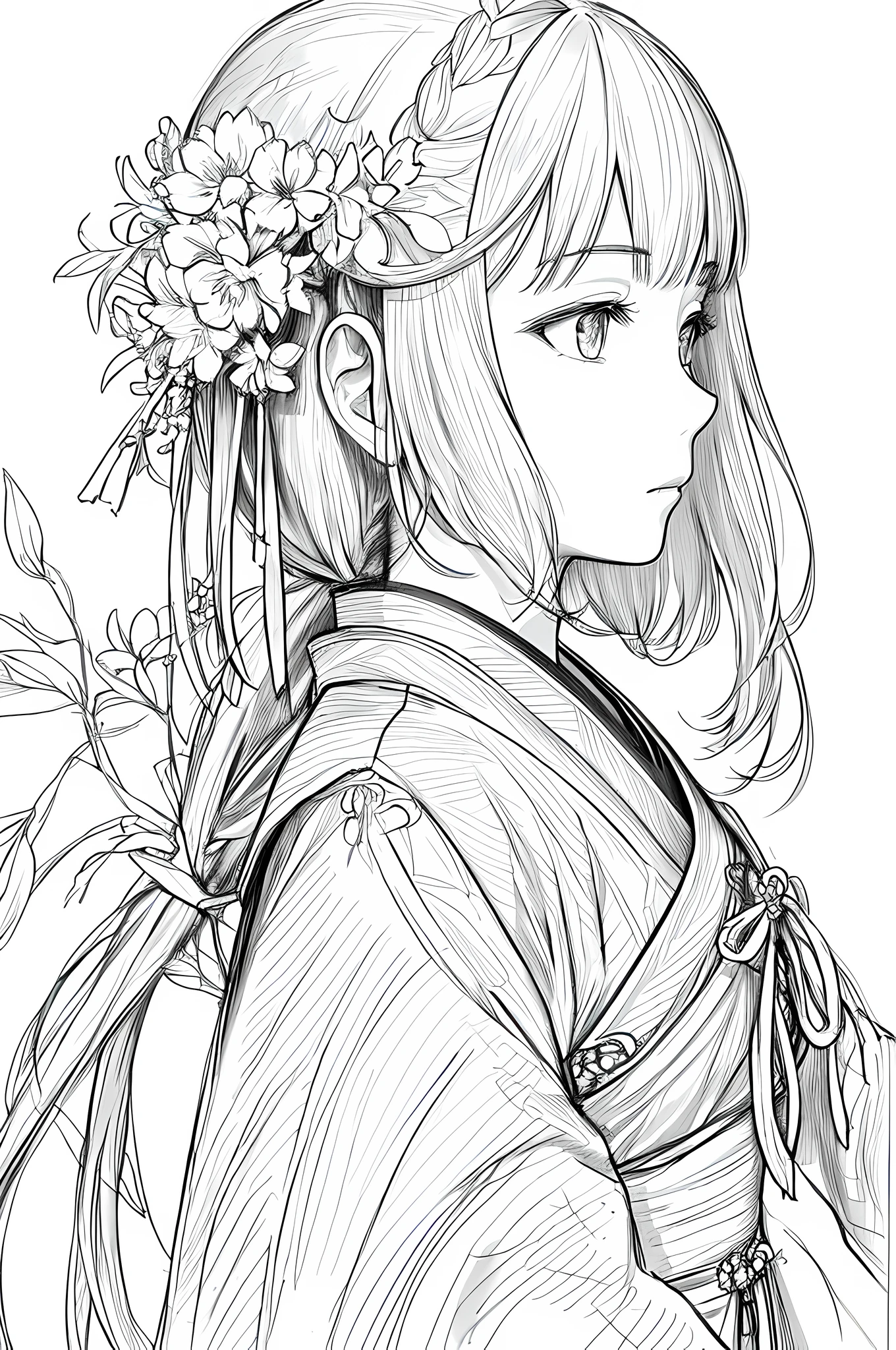 masterpiece, acura, 1girl, solo, hanfu, long hair, profile close-up, flower line drawing background, white background, monochrome, line drawing, ((sketch))