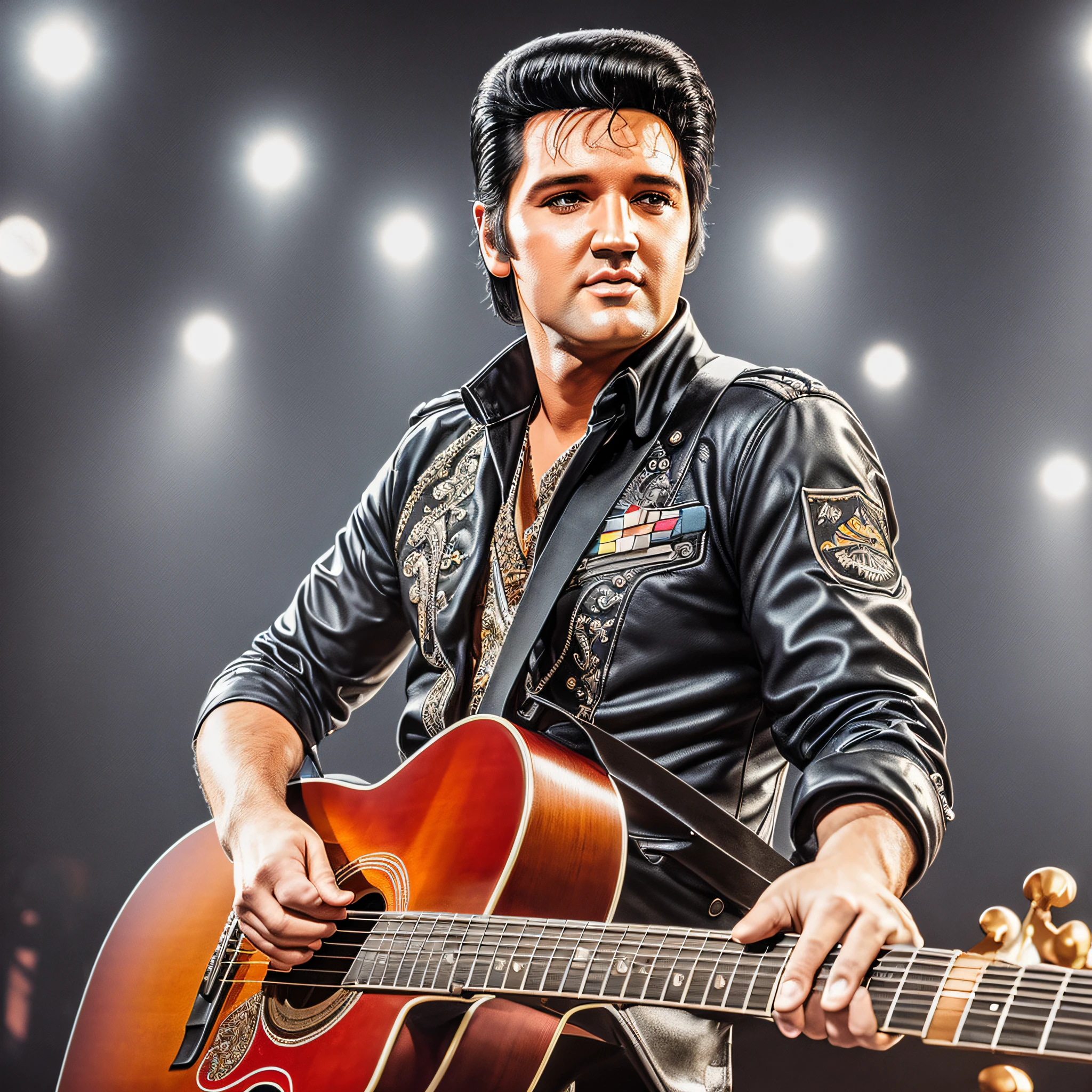 Full body portrait of Elvis Presley a man with a guitar and a bandana on his head, detailed face, (perfect eyes), (highly detailed skin: 1.1), perfect body, Modelshoot style, professional photography, dramatic stage lighting, photorealistic, realistic, standing on a concert stage background, blurred background, RAW,, sharp focus, 8k, high resolution, DSLR, high quality,  Fujifilm XT3, film grain, award-winning, --auto --s2