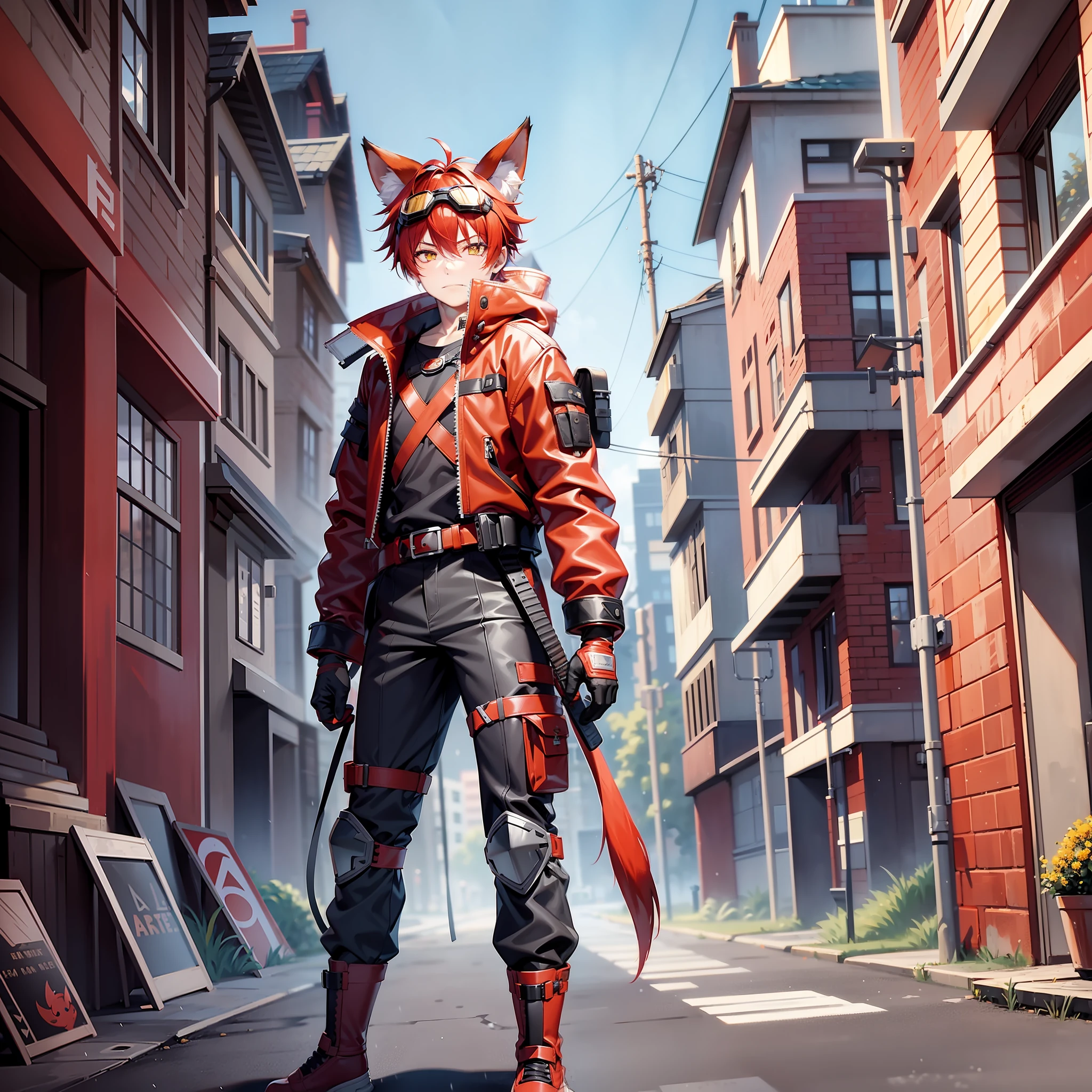1boy, animal_ears, adult, scabbard on back, full body, red hair, red fox tail, background rainy, red fox_ears, hands on pocket, gloves, goggles, goggles_on_head, red jacket, letterboxed, male_focus, red_hair, solo, yellow_eyes