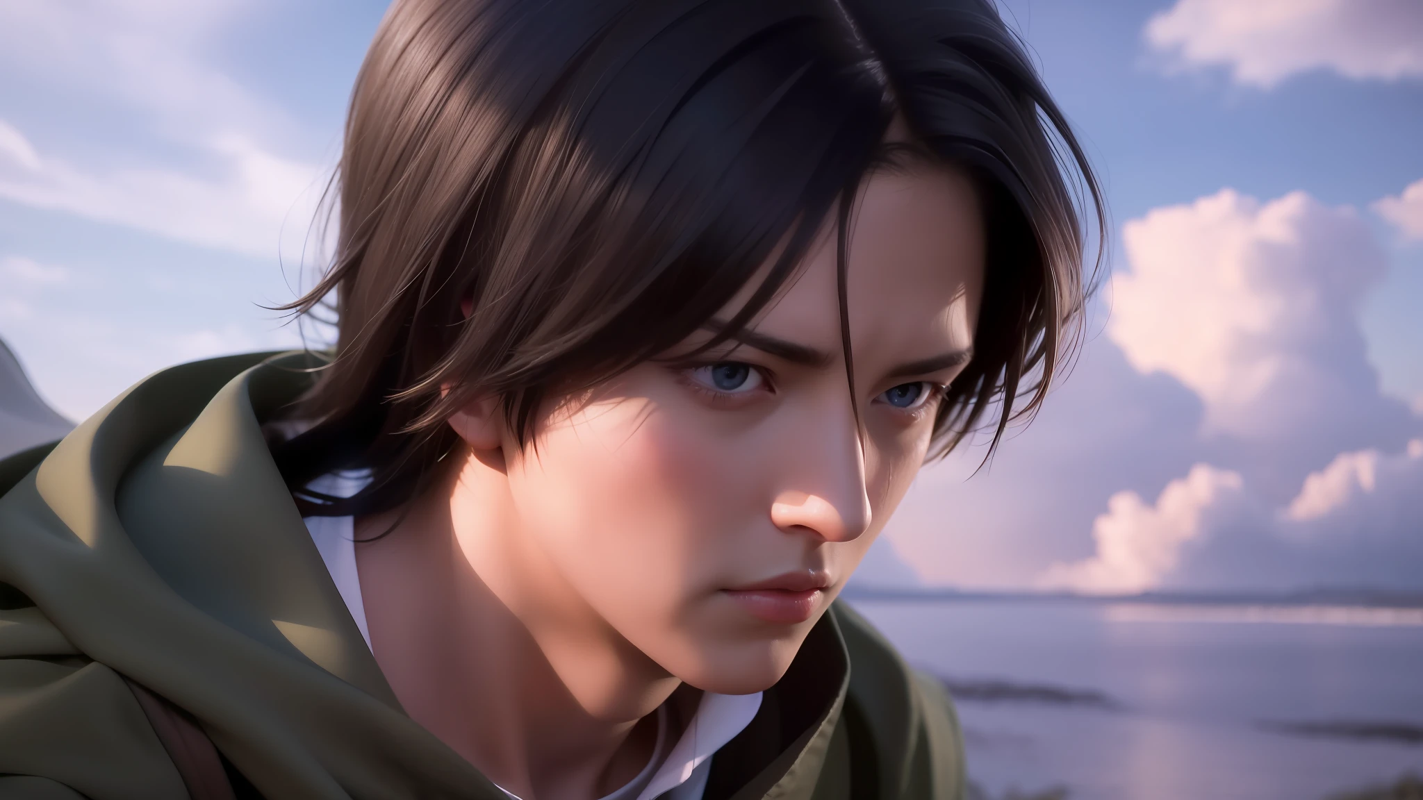 best quality, masterpiece, (realistic: 1.2), real life, live action, aot, Eren Jaeger, sky-gazing, long hair, cold background, real, young, teenager, blue eyes, soft