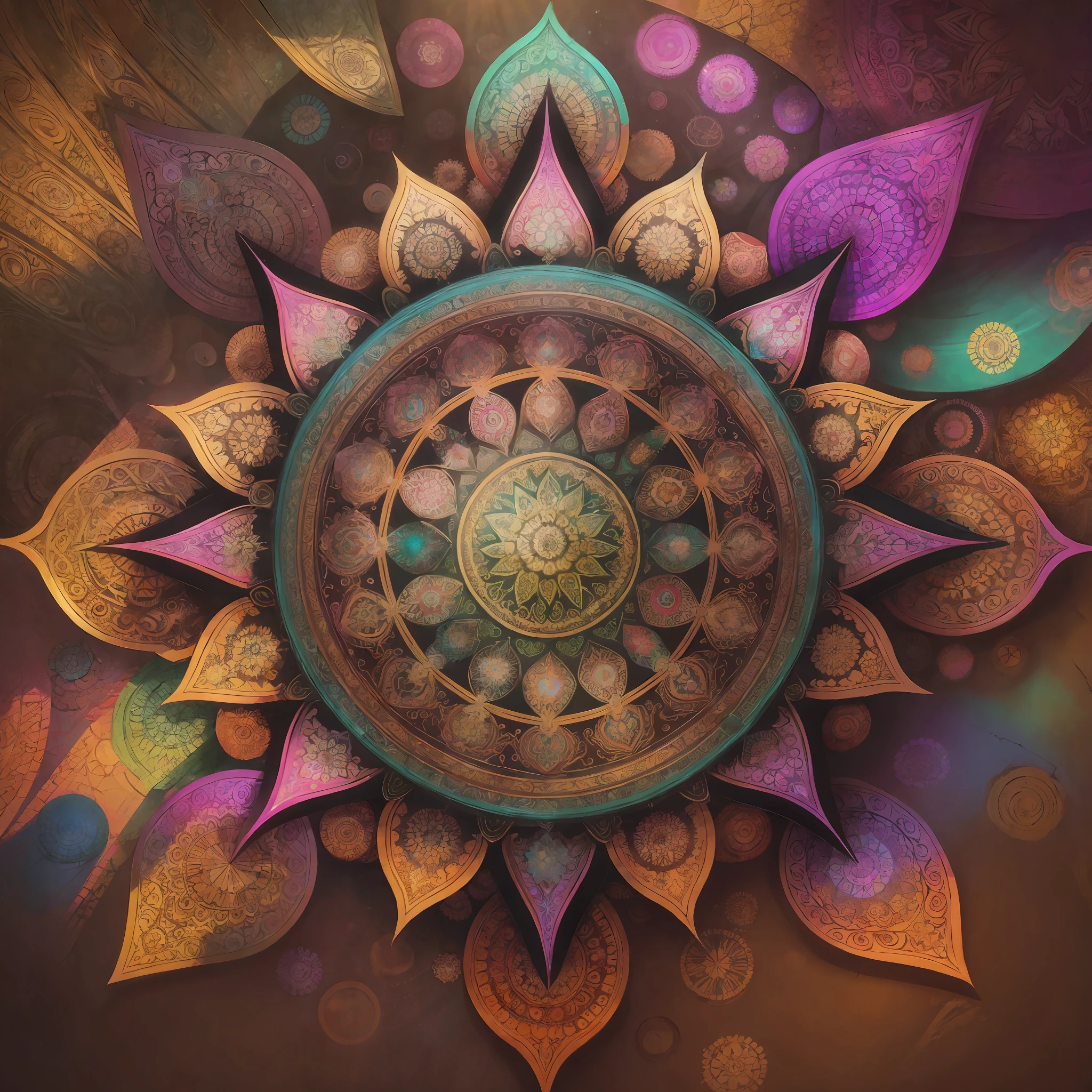 Psychedelic mandalas, sharp, intense shine, rays of light transcends, background mandalas, amazing textures