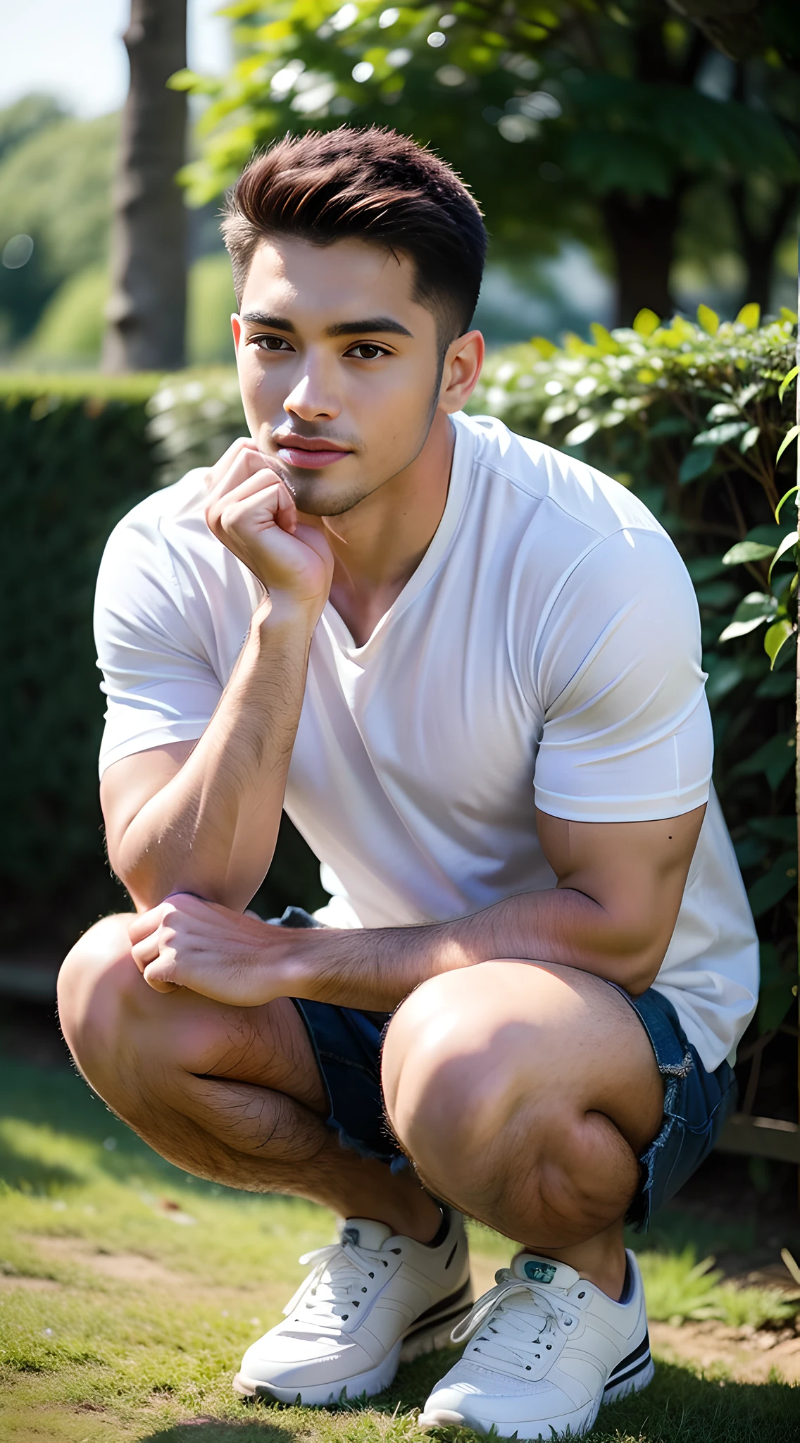 (one), (handsome man), young handsome Bodybuilder squatting on the grass in the park, mischievous smile, (high detail: 1 1), natural skin, high quality, beautiful eyes, (detailed face and eyes), (face: 1 2), noise, real photo, PSD, sharp focus, high resolution 8K, Realistic and professional photos, 8K UHD, soft lighting, high quality, film grain, FUJIFILM XT3