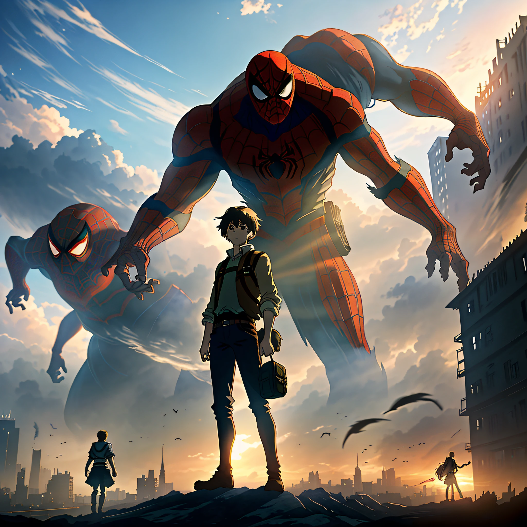 Attack on Titan, Angry Giant, overlooking Spider-Man Dark and Tenacious, Studio Ghibli, Anime Key Visuals, Makoto Shinkai, Dark, Complex, 8k resolution concept art, natural lighting, beautiful composition