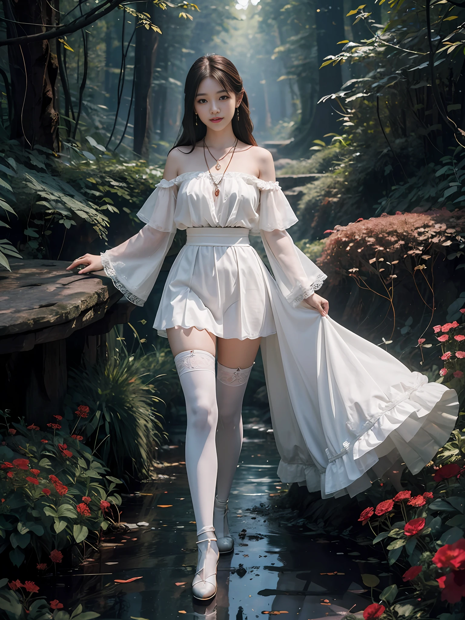 (best quality, masterpiece, high resolution, glow, flood, lens glare, wide angle), sunlight, full body, 1 [Chinese|Russian|Japanese|Korean] girl, giggling all over red, necklace, jewelry, long hair, earrings, super delicate face, beautiful face, full face blush, perfect eyes (very long eyelashes: 1.4), glowing pupils, (white stockings: 0.9), realism, (high detail skin: 1.2), 8k ultra hd, DSLR, high quality, volumetric illumination, frank, High resolution, 4K, 8K, background bokeh, dream forest, feather drop effect, morning, foreground