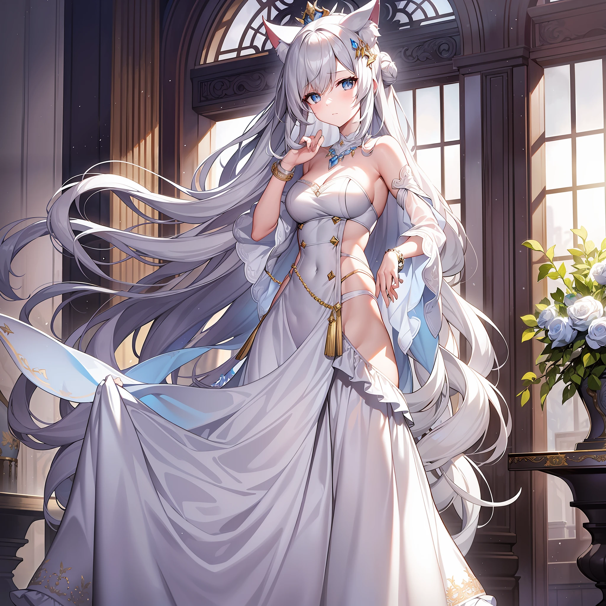 Character expressions: noble and cold demeanor, with a slight hint of arrogance; The eyes are slender and the gaze is sharp and sharp, revealing a faint majesty.
Hairstyle and color: snow-white long hair and cat ears, split in two, tied into two bows, soft girl feeling; Several buns are irregularly combed on the top of the head, adding a bit of nobility and gorgeousness.
Clothing style and color: wearing a white satin long skirt, hanging to the ground, the skirt is embroidered with flowing moire, very fairy; The upper body is wearing a white waist suspender, slightly revealing the collarbone and navel, which adds a bit of mystery to the haze.
Accessories on the figure: wearing a silver necklace inlaid with a white moon-shaped bead shining with a clear light; A white bracelet is worn on the wrist, and the bracelet is also inlaid with the same white beads.
Character posture: hands folded in front, standing proudly, slightly raised head, solemn demeanor, showing the temperament of a female emperor.
The light of the environment: Moonlight shines through the window, making her white clothes more crystal clear.
Atmosphere: mysterious and solemn.
Features: Surrounded by exquisite antique furniture, decorated with white satin and silver ornaments, it is like a wonderland on earth.
Ambient time: late at night, quiet and mysterious.