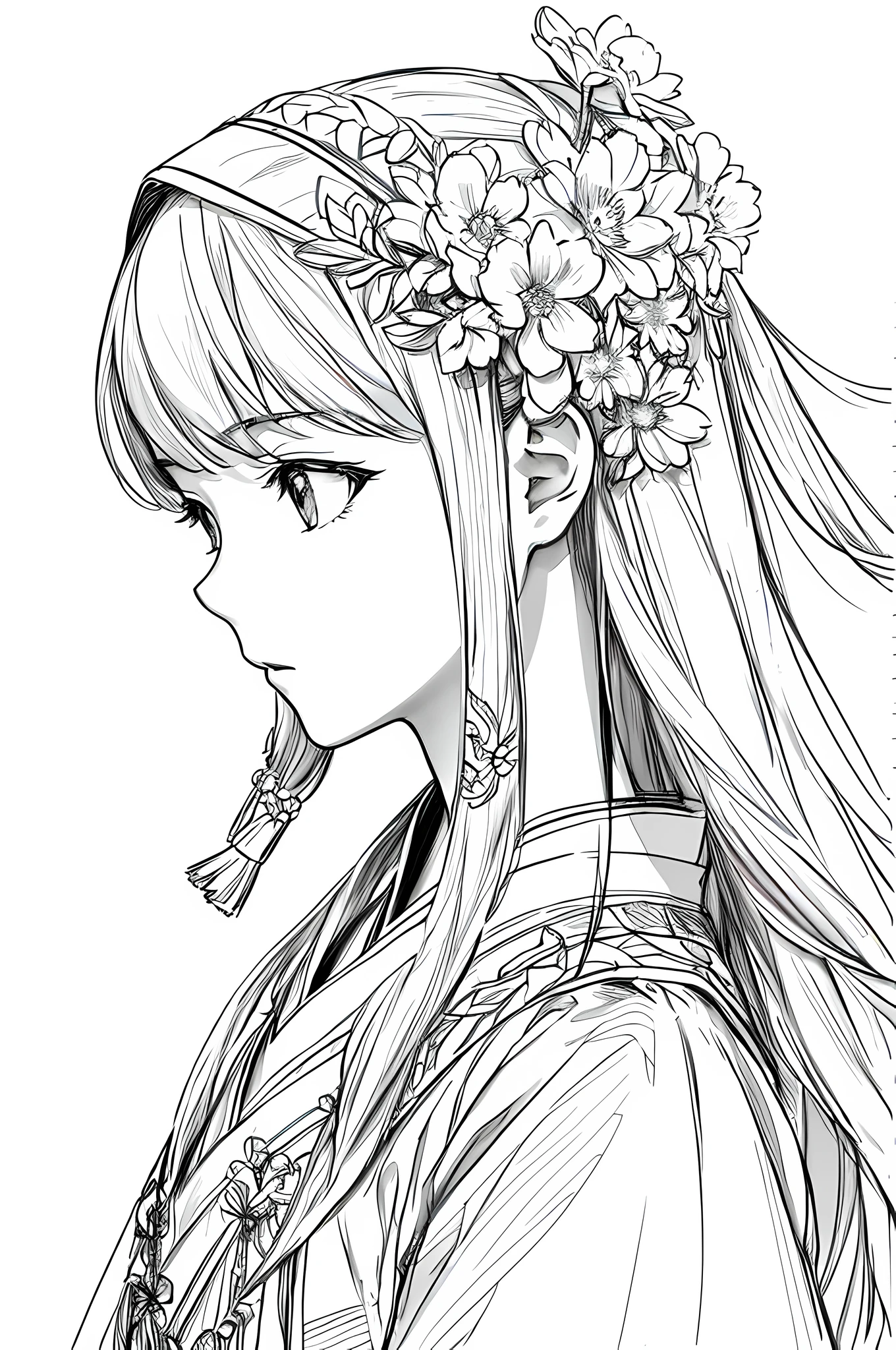 masterpiece, acura, 1girl, solo, hanfu, long hair, profile close-up, flower line drawing background, white background, monochrome, line drawing, ((sketch))