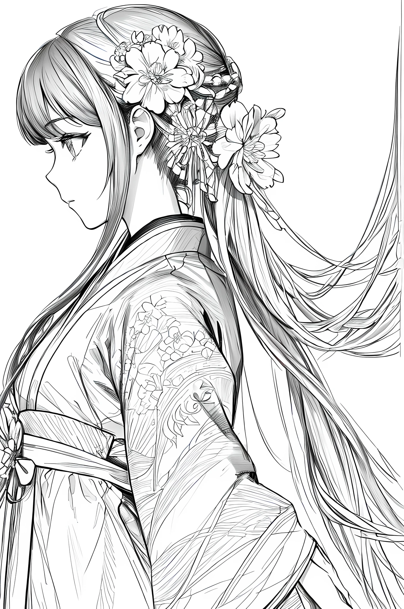masterpiece, acura, 1girl, solo, hanfu, long hair, profile close-up, flower line drawing background, white background, monochrome, line drawing, ((sketch))
