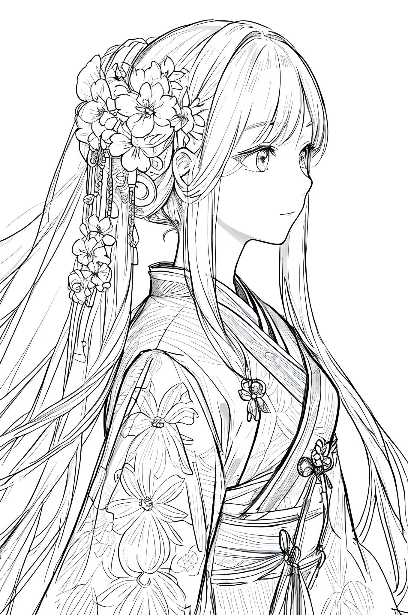 masterpiece, acura, doll, solo, hanfu, long hair, profile close-up, flower line drawing background, white background, monochrome, line drawing, ((sketch))