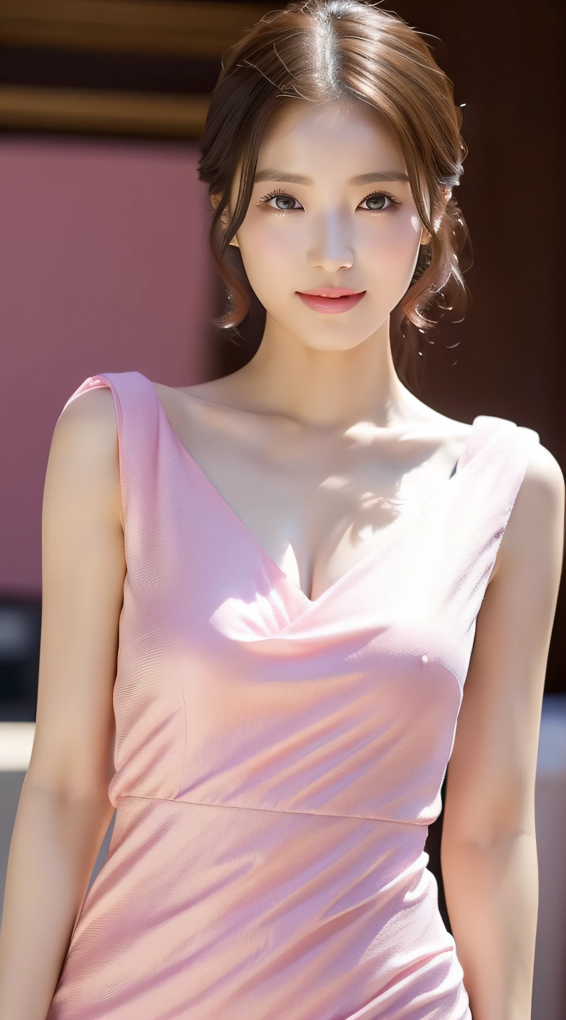 Korean women, goddesses, (dress), light pink dress, smallest dress, tight dress, simple cut dress, perfect figure, upper body, ball head, fine skin texture and cloth texture, detailed eye texture, big eyes, detailed eyeballs, long eyelashes, fine eyelashes close-up, double eyelids, light smile, 8k, highest image quality, masterpiece, super high resolution: 1.2, draped fabric, beautiful female photo with elegant style theme, light pink, light pink, Aravi woman in light pink dress, photography mode, soft fabric, fine fabric texture, dress, fluent dress, elegant dress, elegant dress, wearing dress, elegant dress, wearing dress,