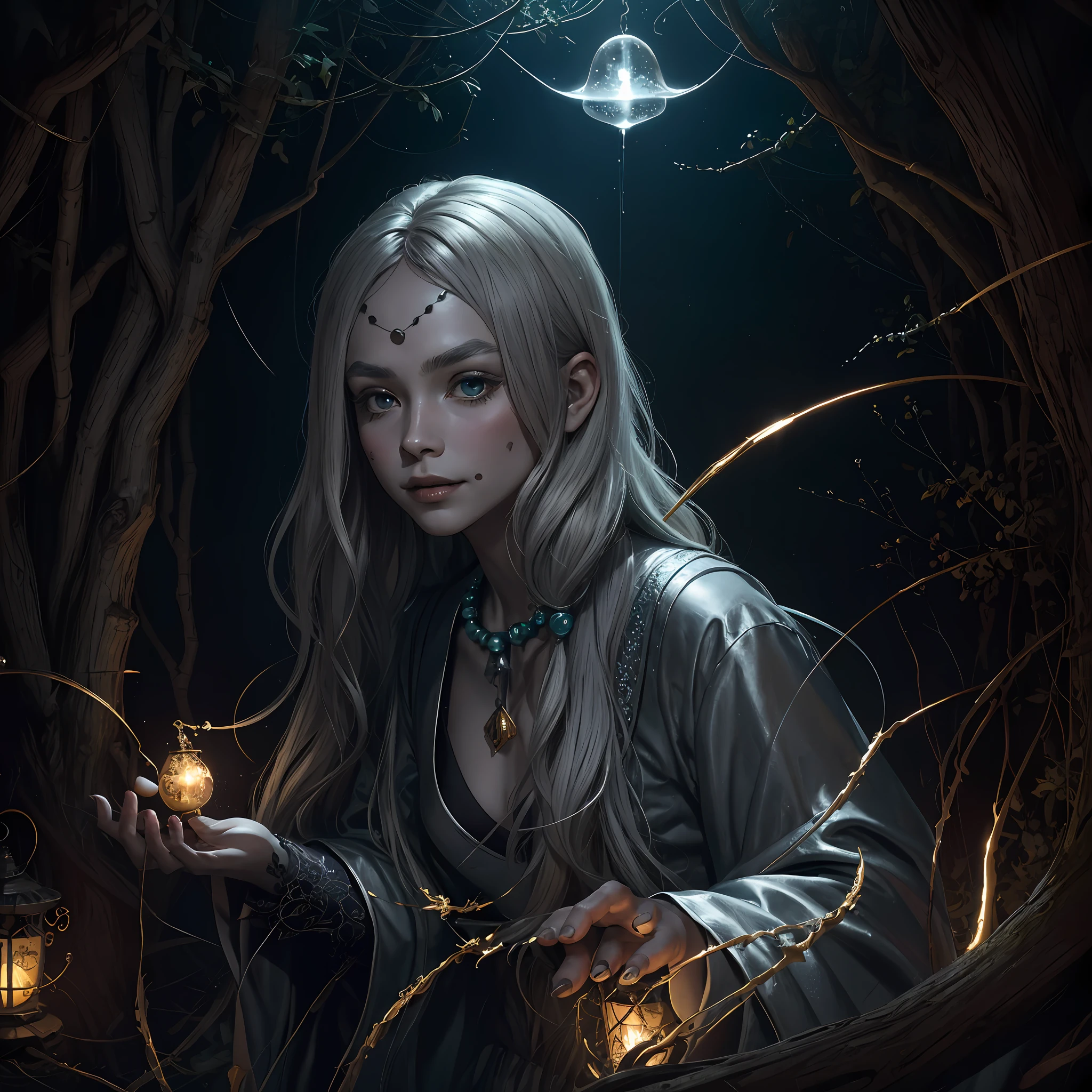 Masterpiece, best quality, MTSpider V4, (((ung innocent boy)), HDR, very detailed eyes and face, goth, solo, white skin, long hair, beads, japanese clothes, white kimono, silk, stone, forest, northern lights, spider silk, (glowing metal objects hovering in the air and encircling him: 1.2), (arcs and sparks: 1.2), (energy flow: 1.2), (translucent magnetic field lines: 1.2), (gold, silver gray and shimmering light effects: 1.2), horror art, fear, unified 8k wallpapers, ultra-detailed, beautiful and aesthetic, masterpiece, the best quality, deep and rich black shadows, mother earth, smiles, enchanting whimsical fantasy forest background, happiness, enchanting atmosphere, very detailed, dynamic angles, cowboyshot, most beautiful chaotic forms, elegance, fauvist design, bright colors, romanticism, by James Jean, Robbie Devi Antonio, Ross Tran, Francis Bacon, Michal Mlaz, Adrian Ganey, Petra Corright, Gerhard Richter, Takashi Yamamoto, Ashley Wood, Atmospheric