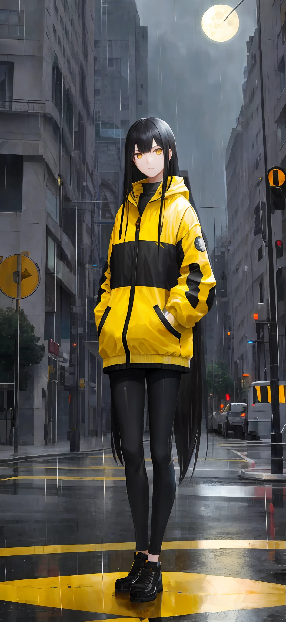 A girl, long black hair, golden eyes, yellow jacket, hand pockets, raining, standing on the street, moon hanging high, outdoor scene, 8k resolution, very detailed, anatomically accurate, clear images, dominated by digital painting, concept art, Shinkai Makoto style.