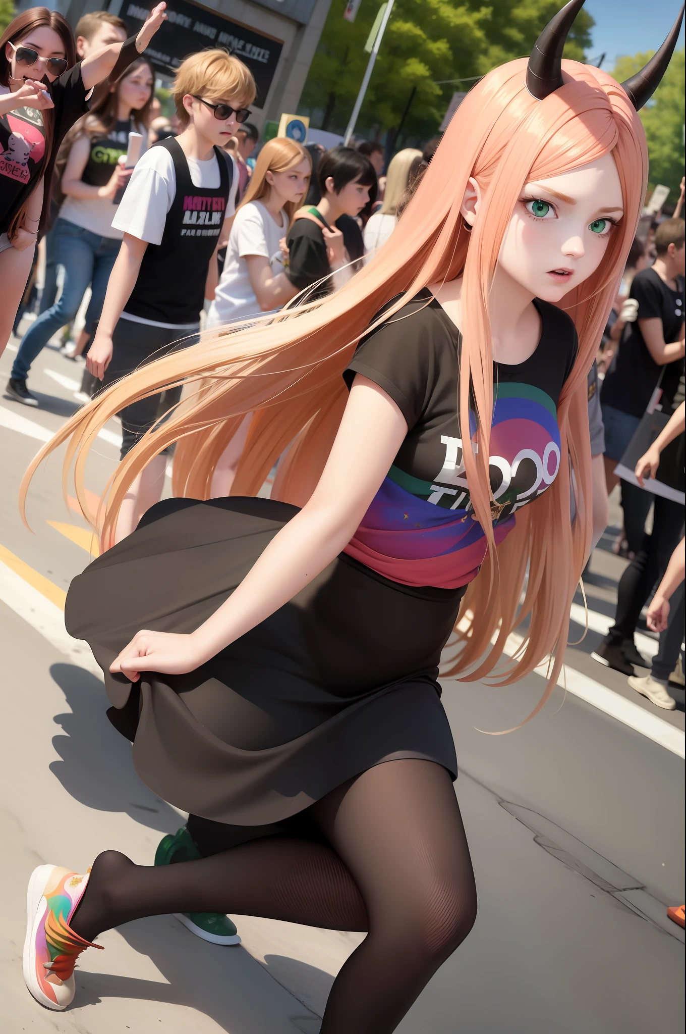 beautiful, masterpiece, best quality, rose gold haired girl with green eyes and black horns, rainbow t-shirt, activist, protest sign, pride parade, marcha lgbt, demonstration, determined expression, social justice, angry, screaming, outdoors, crowded battleground,  fisheye,by Jeremy Lipking, by William Bouguereau, (by Alphonse Mucha:0.5),