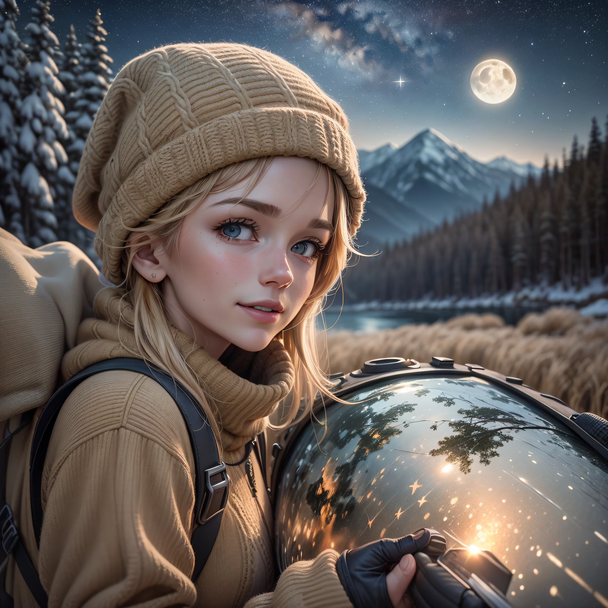 1 woman((upper body selfie, happy)), masterpiece, best quality, ultra-detailed, solo, outdoors, (night), mountains, nature, (stars, moon) cheerful, happy, backpack, sleeping bag, camping stove, water bottle, mountain boots, gloves, sweater, hat, flashlight, forest, rocks, river, wood, smoke, shadows, contrast, clear sky, analog style (look at viewer:1.2) (skin texture) (film grain:1.3), (warm hue, warm tone)
:1.2), close up, cinematic light, sidelighting, ultra high res, best shadow, RAW, upper body, old man, wearing pullover --auto --s2