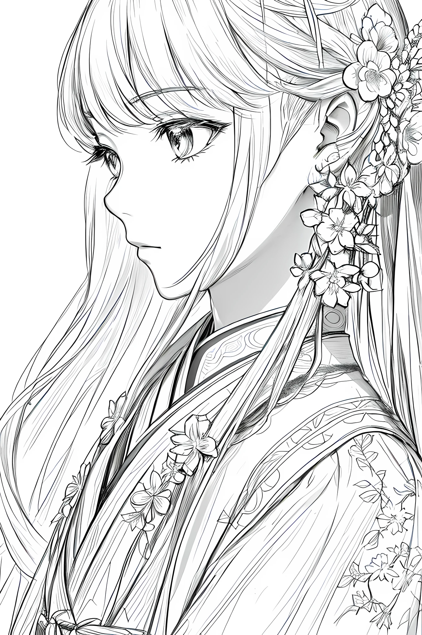 masterpiece, acura, doll, solo, hanfu, long hair, profile close-up, flower line drawing background, white background, monochrome, line drawing, ((sketch))
