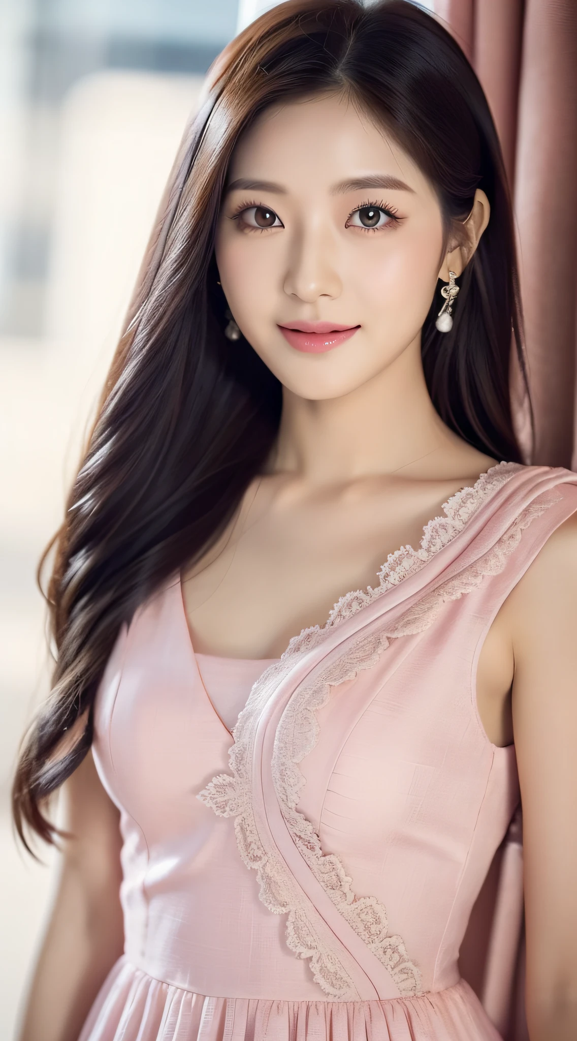 Korean women, goddesses, (half-open dress), perfect figure, upper body, ball head, detailed skin texture and cloth texture, detailed eye texture, big eyes, detailed eyeball, long eyelashes, fine eyelashes close-up, double eyelids, light smile, 8k, highest image quality, masterpiece, super high resolution: 1.2, draped fabric, beautiful female photo with elegant style theme, light pink, light pink, Aravi woman in light pink dress, photography mode, soft fabric, detailed fabric texture, dress, fluent dresses, elegant dresses, elegant dresses, wearing dresses, elegant clothes, wearing dresses,
