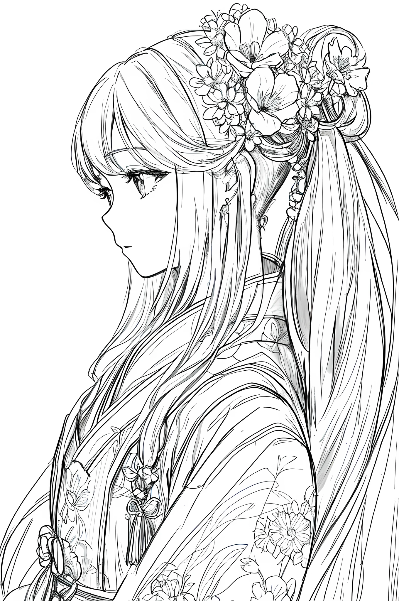 masterpiece, acura, doll, solo, hanfu, long hair, profile close-up, flower line drawing background, white background, monochrome, line drawing, ((sketch))