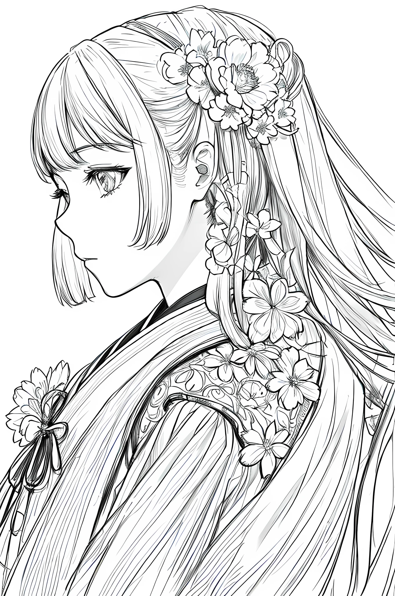 masterpiece, acura, doll, solo, hanfu, long hair, profile close-up, flower line drawing background, white background, monochrome, line drawing, ((sketch))
