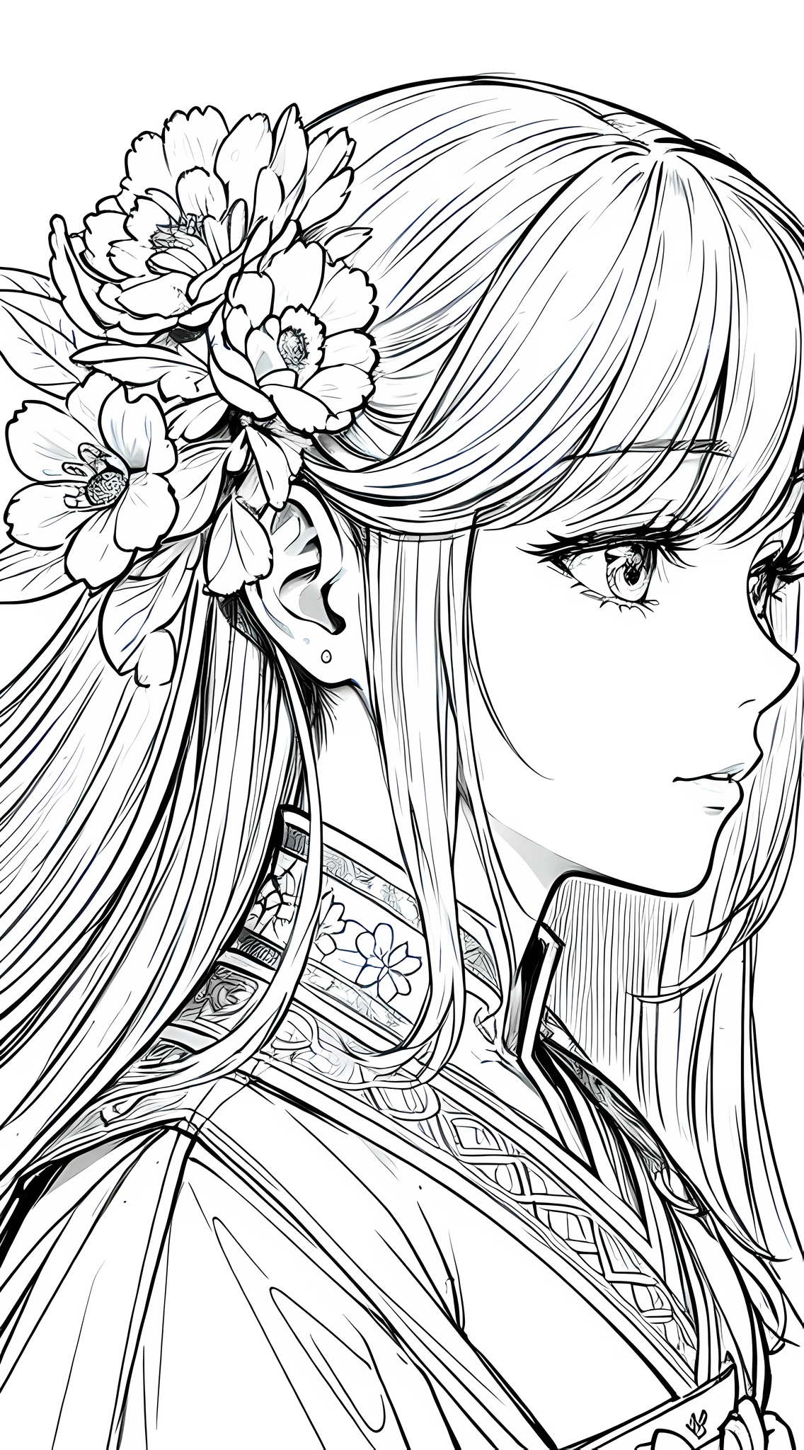 masterpiece, acura, doll, solo, hanfu, long hair, profile close-up, flower line drawing background, white background, monochrome, line drawing, ((sketch))