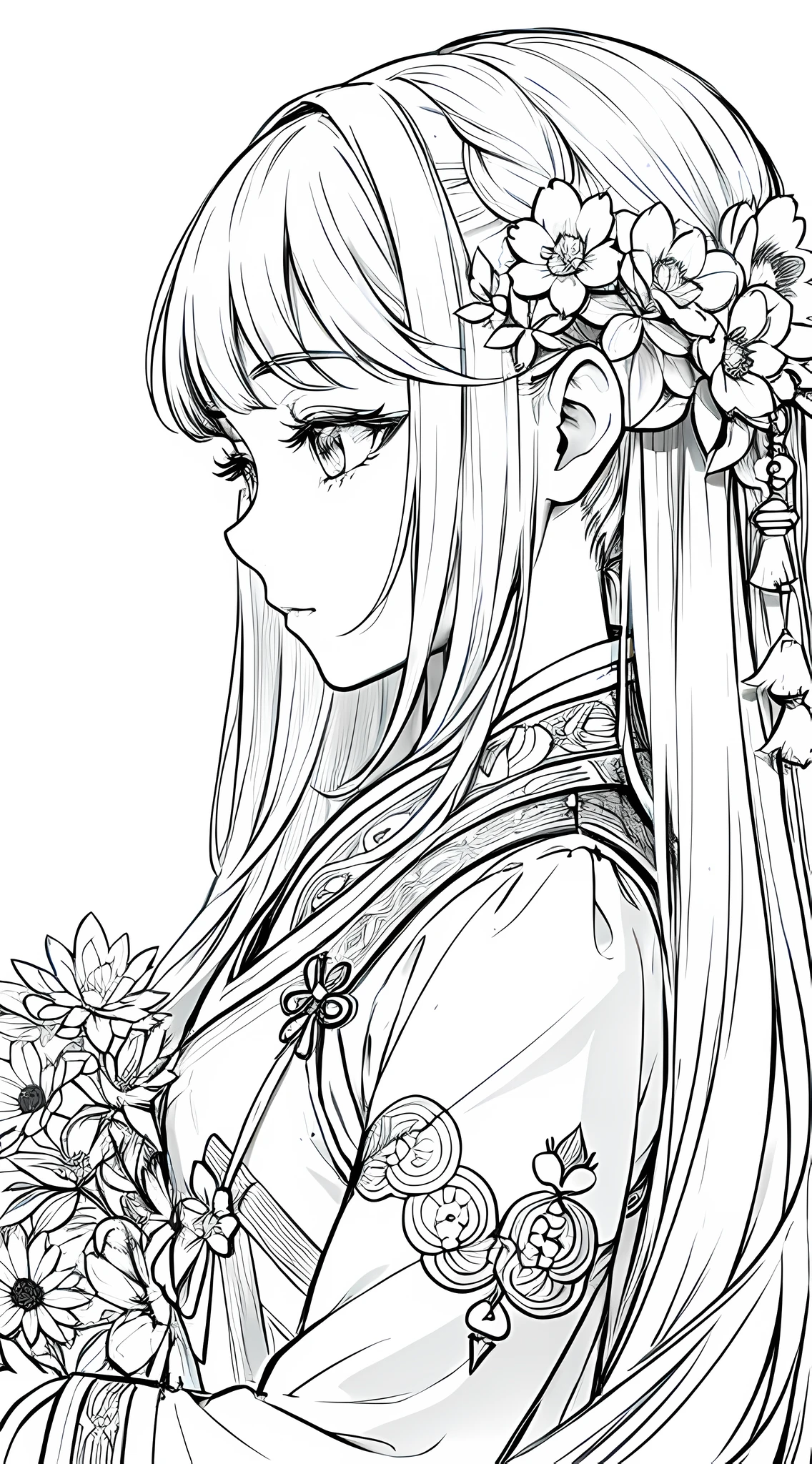 masterpiece, acura, doll, solo, hanfu, long hair, profile close-up, flower line drawing background, white background, monochrome, line drawing, ((sketch))