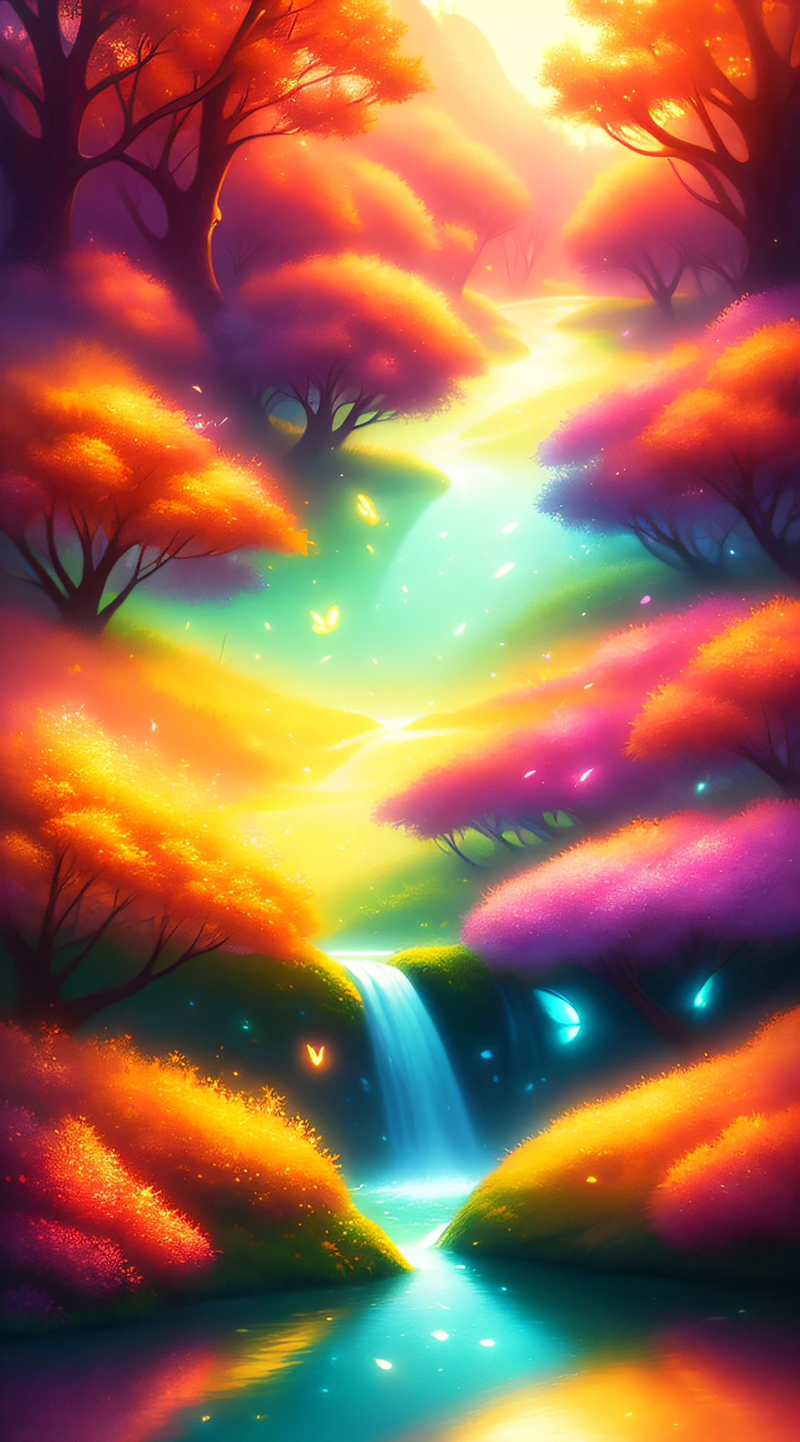 very beautiful digital art, anime nature, detailed 4k digital art, inspired by Cyril Rolando, nature anime wallpaper, beautiful digital art, enchanted fairy forest with glow in the air of various colors and a magical sunset, and a stream