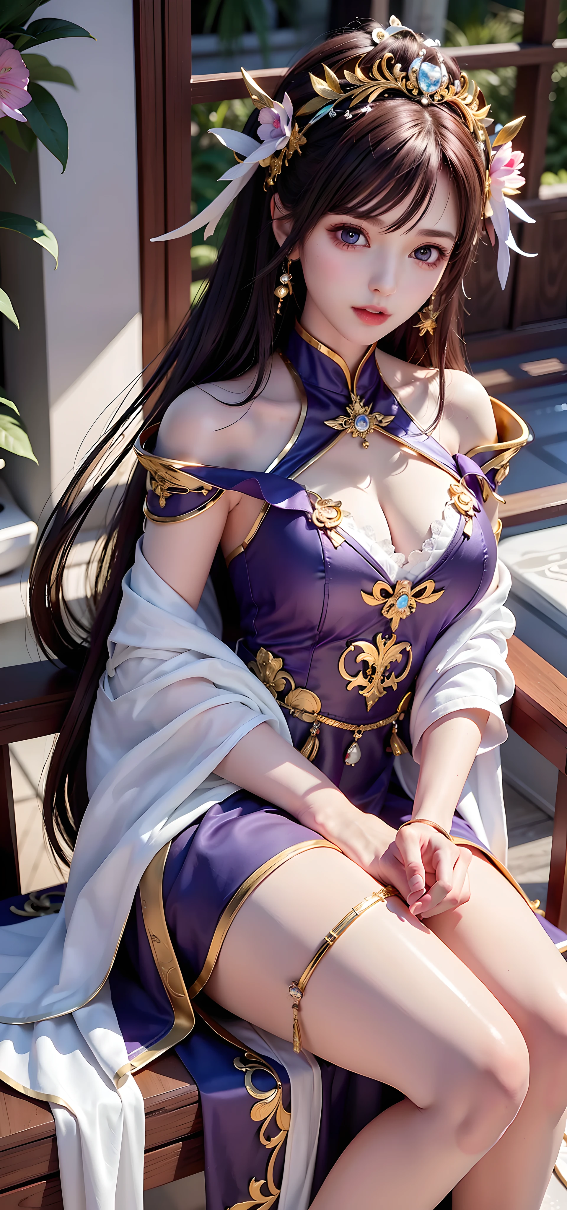 (Masterpiece, superb quality, super refinement, high resolution), lighting, ray tracing, (detail: 1.4), 3D, perfect proportions, Alfa woman sitting in chair in purple dress and white dress, portrait inspired by Huang Ji, CG social trends, fantasy art, guvitz, cgstation trend, white and purple, beautiful fantasy queen, anime goddess Guviz style artwork, Guvitz masterpiece "Full Body Fairy"