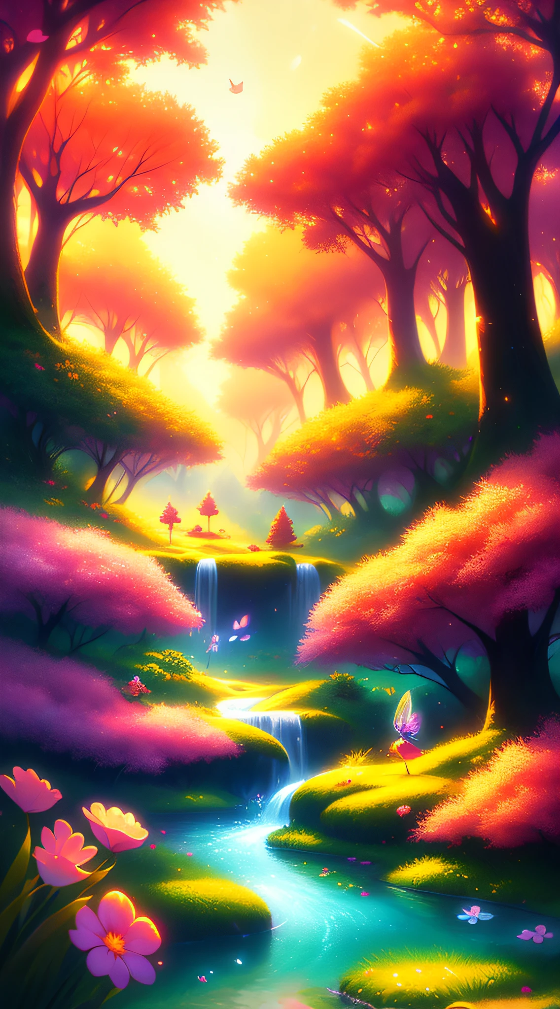 very beautiful digital art, anime nature, detailed 4k digital art, inspired by Cyril Rolando, nature anime wallpaper, beautiful digital art, enchanted fairy forest with glow in the air of various colors and a magical sunset, and a stream