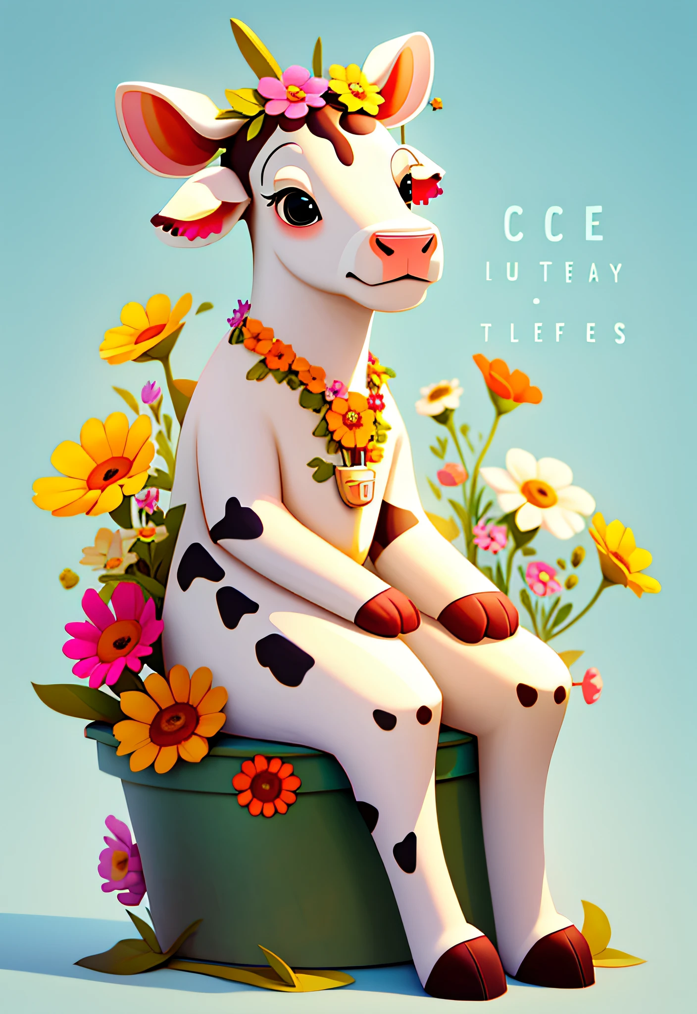 A cute cow, cute, anthropomorphic sitting with flowers on its head